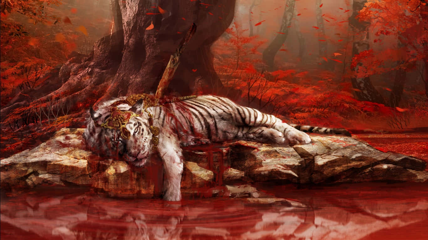 1366x768 Far Cry 4 Фон Кровавый Умирающий Тигр Шпалери