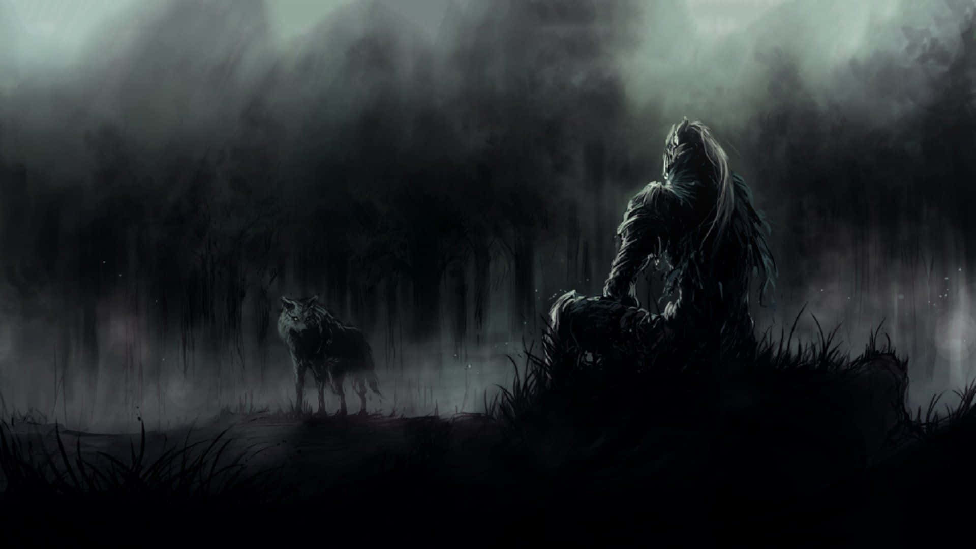 1920x1080 Чорний Вовк і Людина з Dark Souls Шпалери