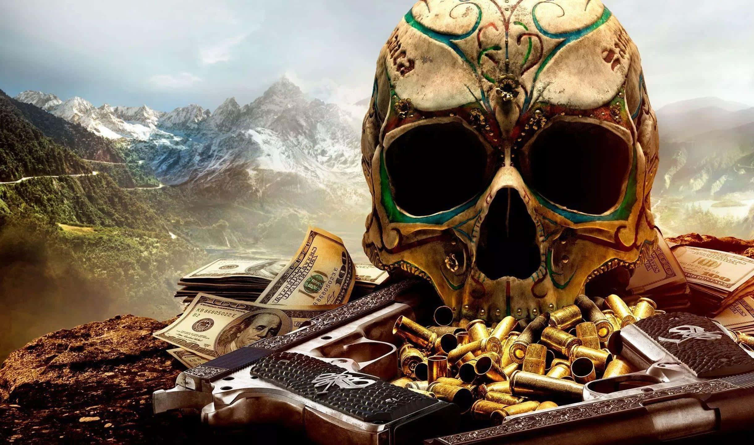 Фон 2440x1440 Ghost Recon Wildlands з черепом і кулями Шпалери