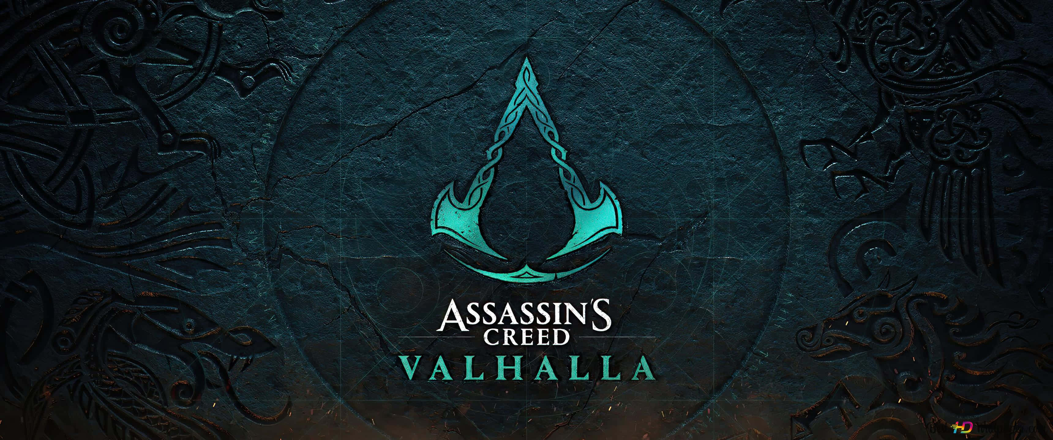 3440x1440p Assassin's Creed Odyssey фон Зелений логотип Assassins' Creed Valhalla Шпалери