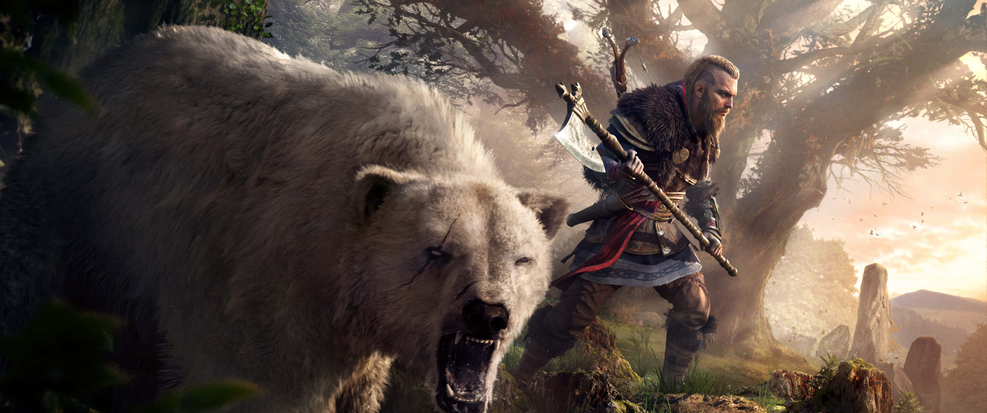 3440x1440p Assassin's Creed Odyssey фон воїн та білий ведмідь Шпалери