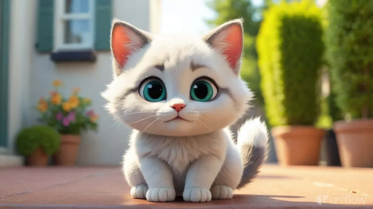 Миле кошеня з великими очима сидить на вулиці – чарівний 3D-стиль кіт Шпалери