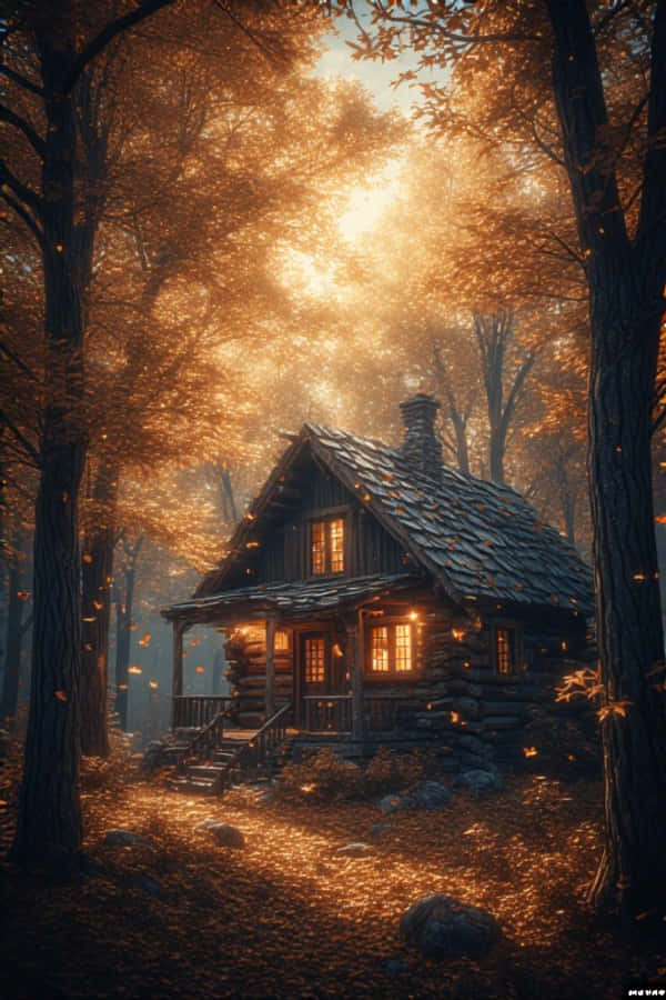 Затишна хатинка в осінньому лісі — тепла природа осені 4K Шпалери