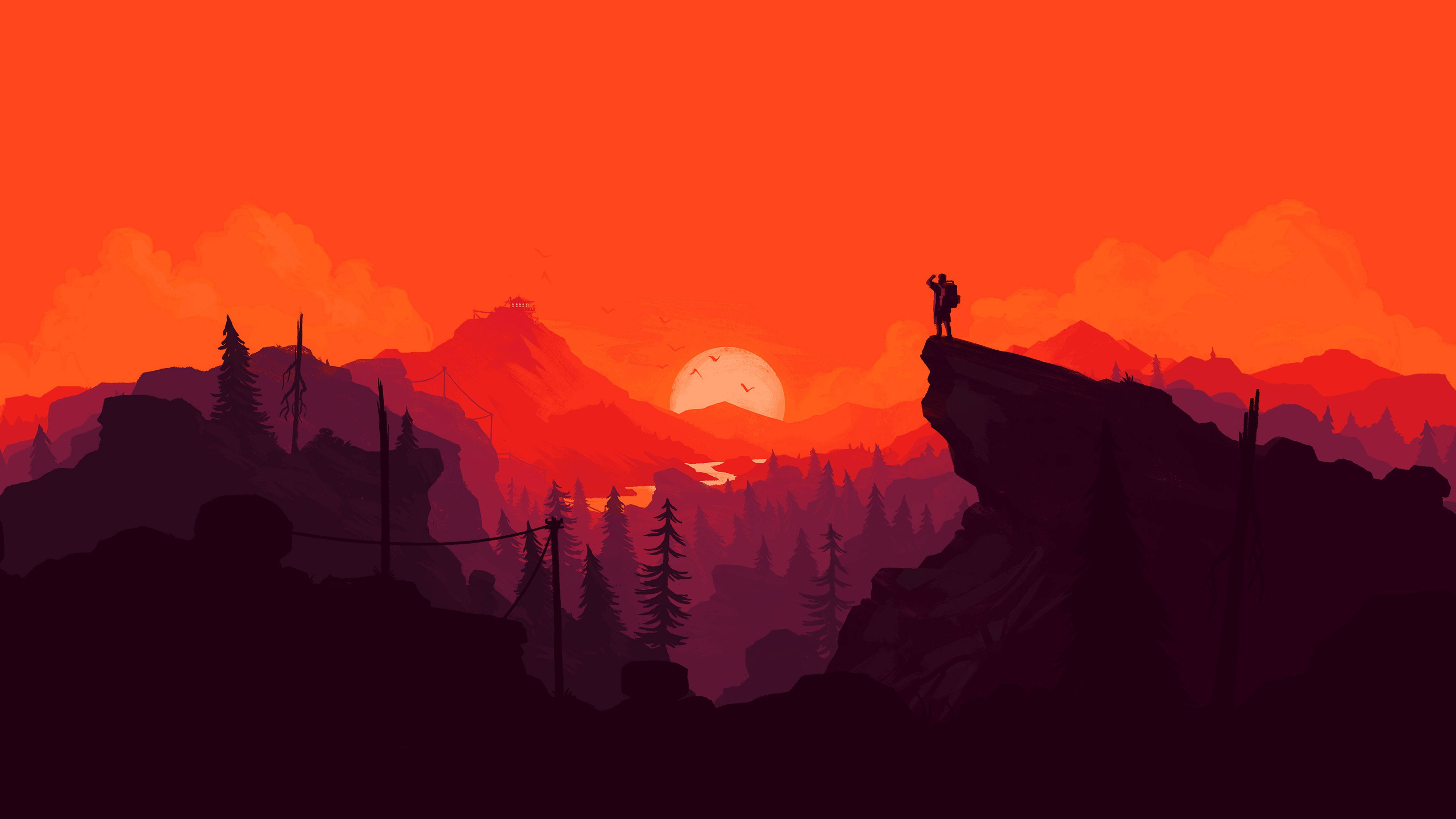4K Firewatch Турист на червоних горах Шпалери