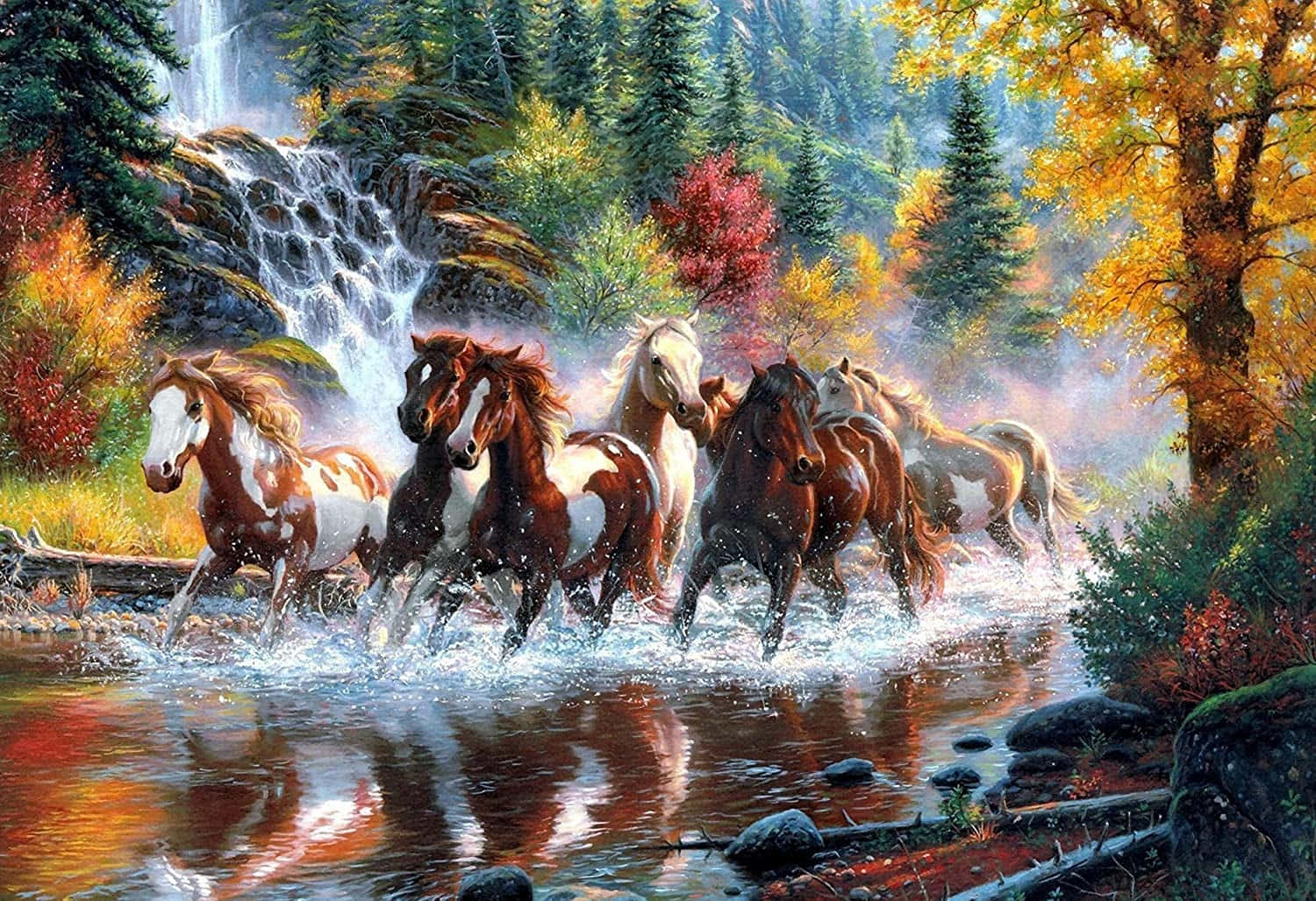 7 коней, що йдуть через лісову річку Шпалери