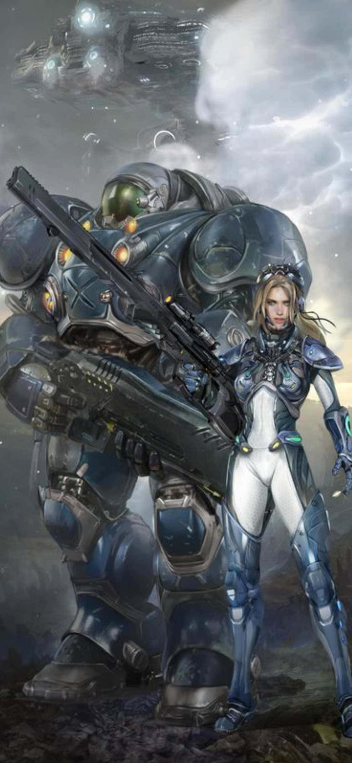 a woman with a gun and a robot Шпалери