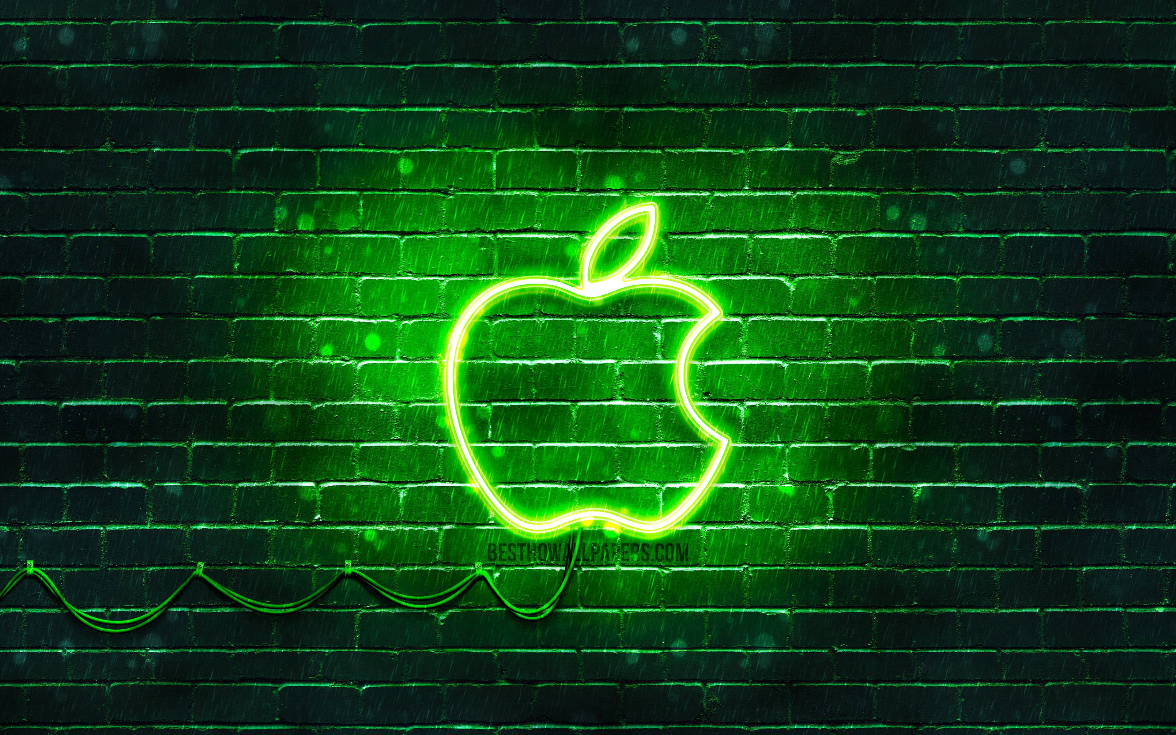 Цегляна стена логотип Apple неоново-зеленая эстетика Шпалери