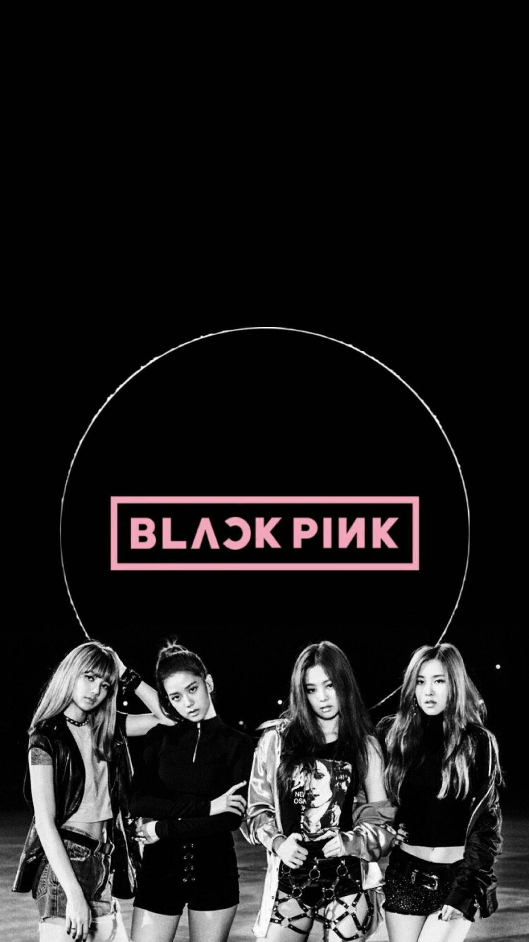 Шпалери Blackpink з учасницями на чорному тлі та логотипом у світловому кільці