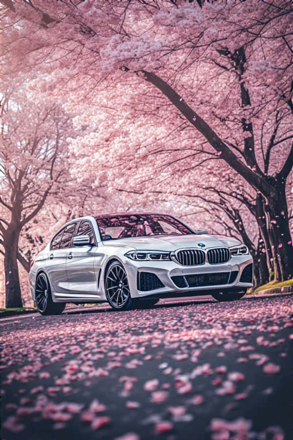 Естетична весення гладкая біла BMW под вишневим цвітом Шпалери
