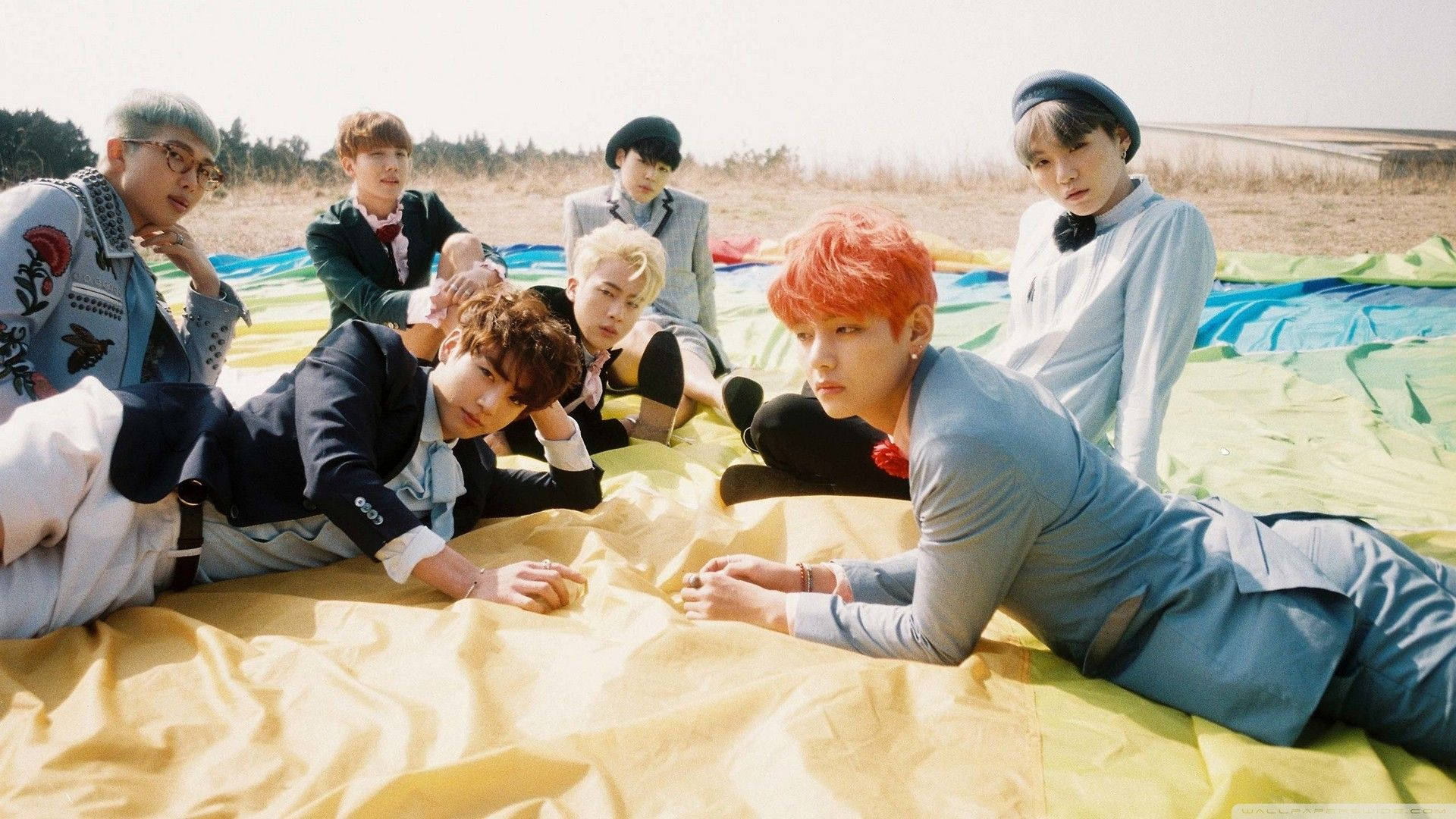 Учасники BTS лежать на полі з ноутбуком Шпалери