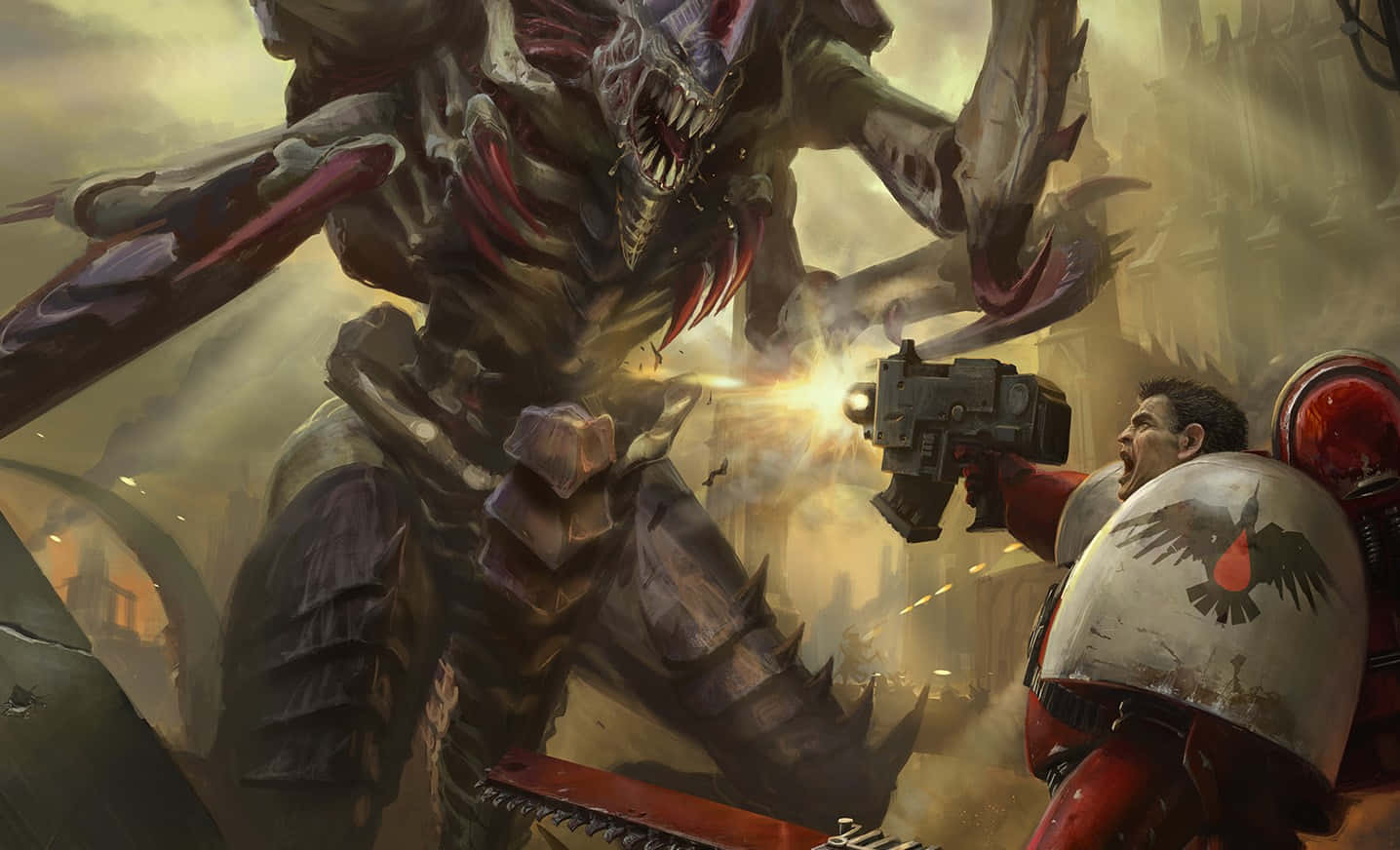 Габриэль Ангелос протистоит Тираниду на фоні Dawn Of War III Шпалери