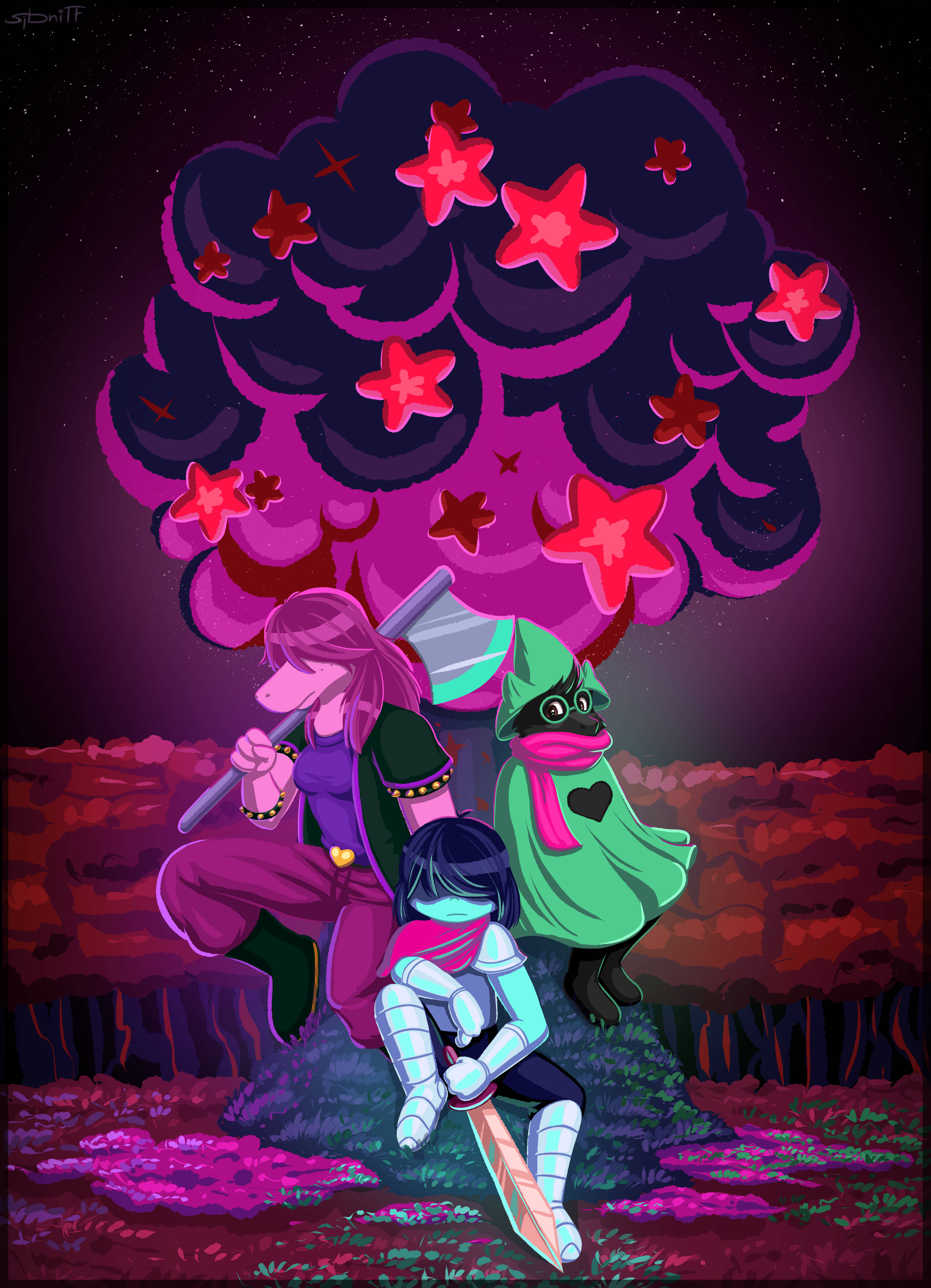 Крис, Сьюзи и Ралсей из Deltarune в ночном небе Шпалери