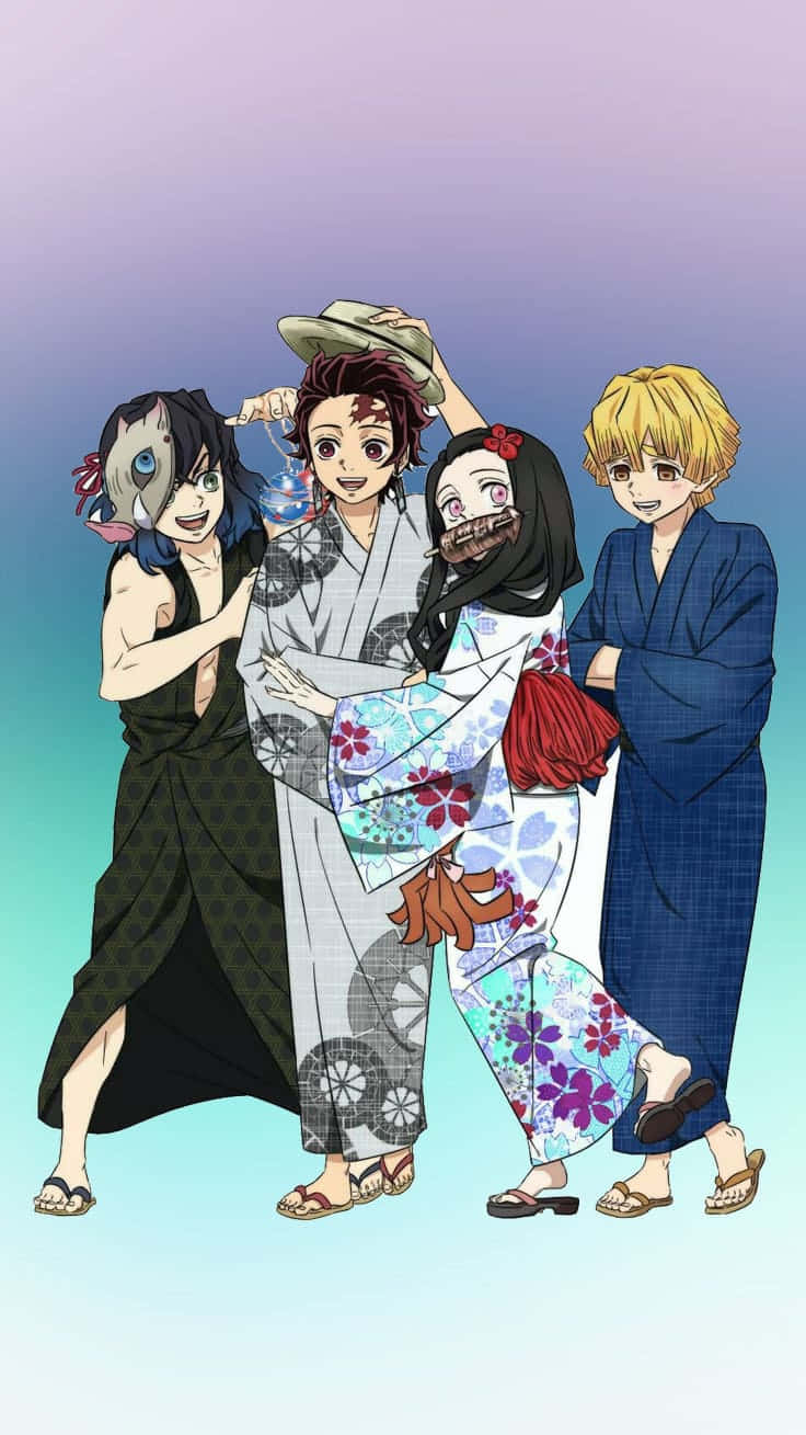 Милі персонажі Demon Slayer Іноске, Танджиро, Недзуко і Зеніцу Шпалери