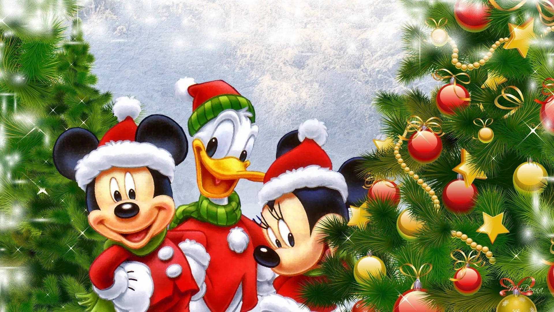 Disney 1920x1080 HD Міккі Маус та друзі біля новорічних ялинок Шпалери