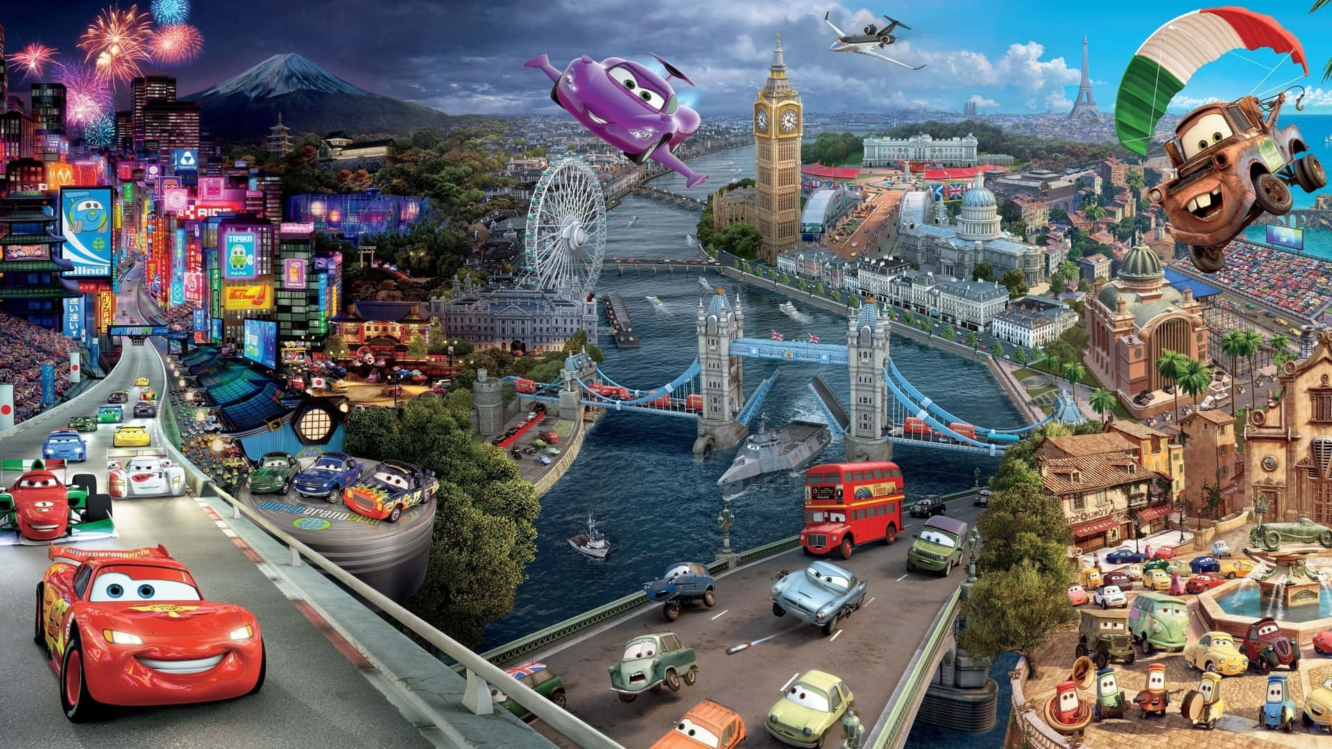 Disney Cars — місто, де багато автомобілів літають навколо Шпалери