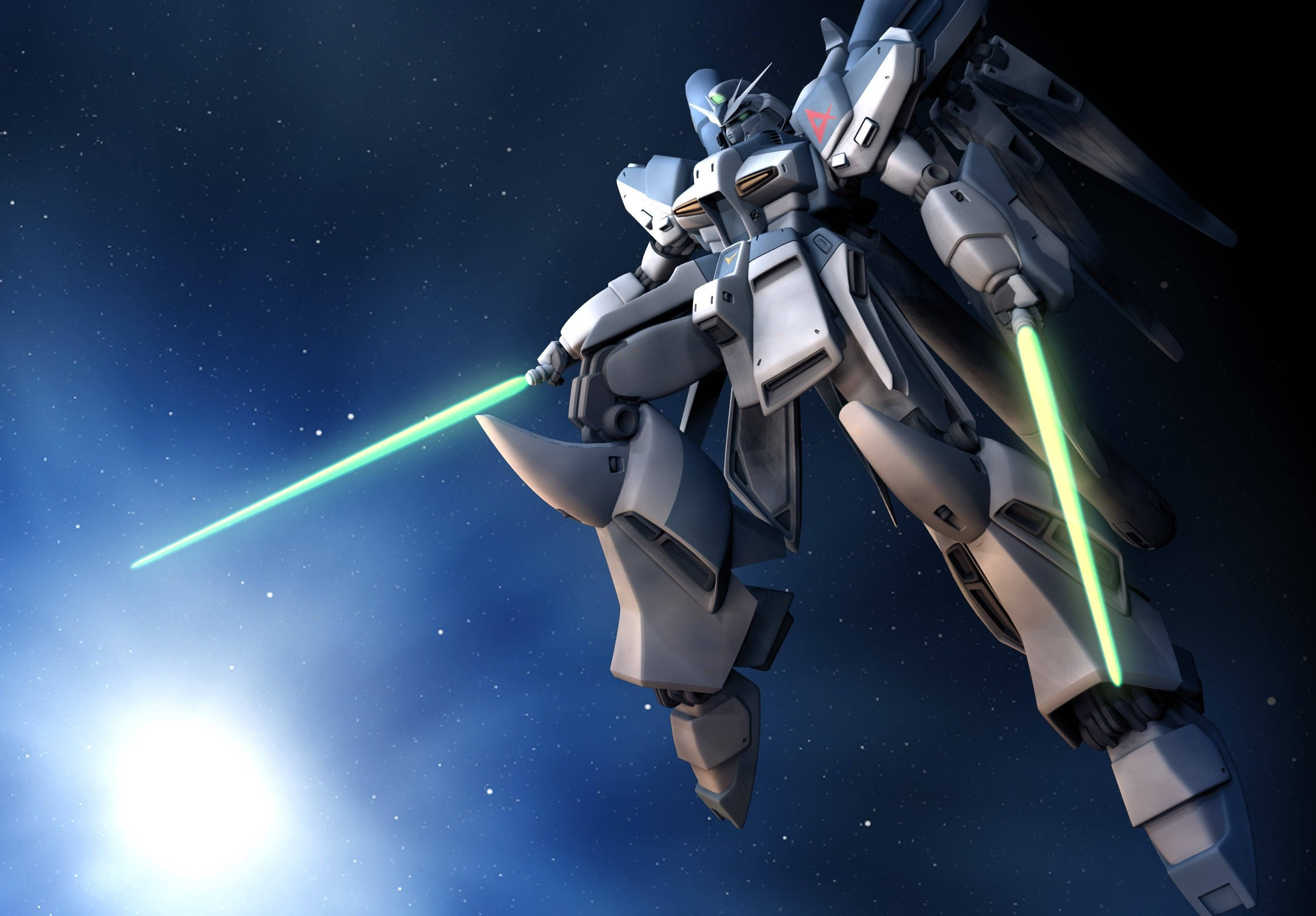 Гостра сцена битви з біло-зеленим мобільним костюмом Gundam Шпалери