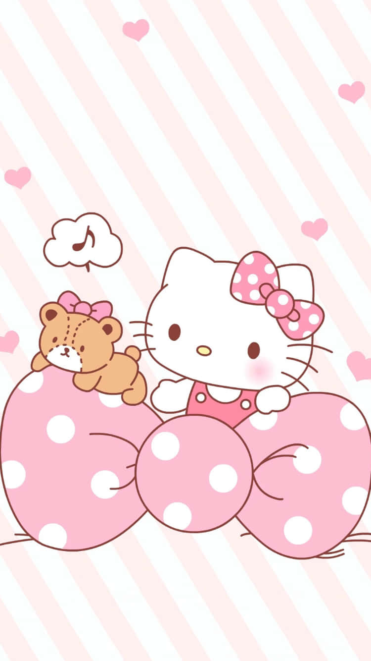 Мила рожева Hello Kitty з крапчастою стрічкою Шпалери