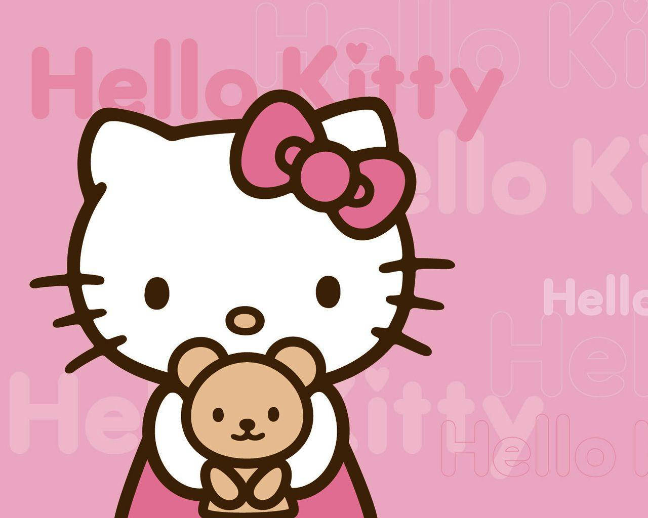 Рожева Hello Kitty з плюшевим ведмедиком Шпалери