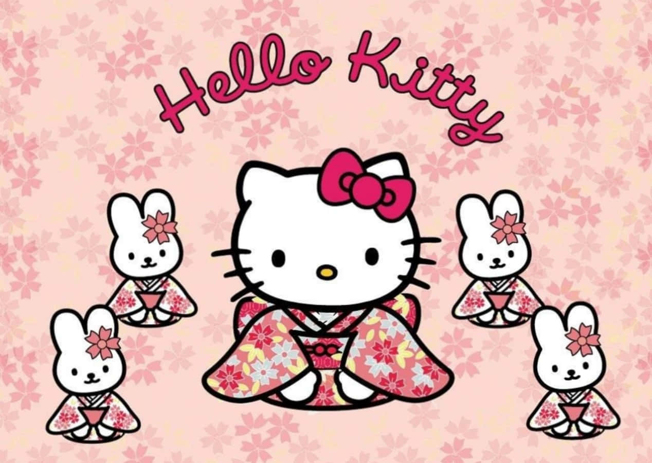 Hello Kitty з ноутбуком та кроликами в кімоно Шпалери