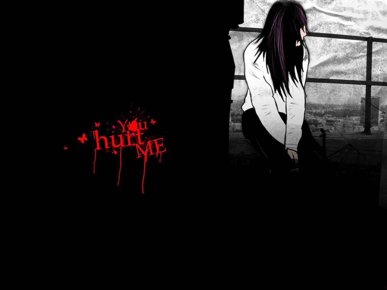 Сумна аніме дівчина самотня, чорна естетика з написом Hurt Me Шпалери