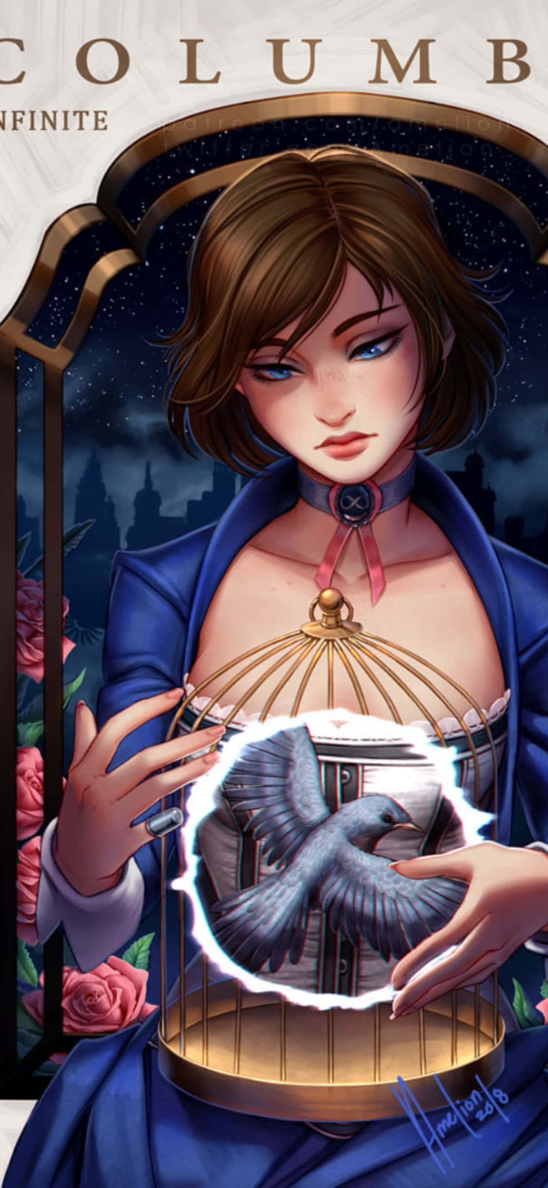 iPhone X Bioshock Infinite фон фанарт рисунок Элизабет с птицей Шпалери