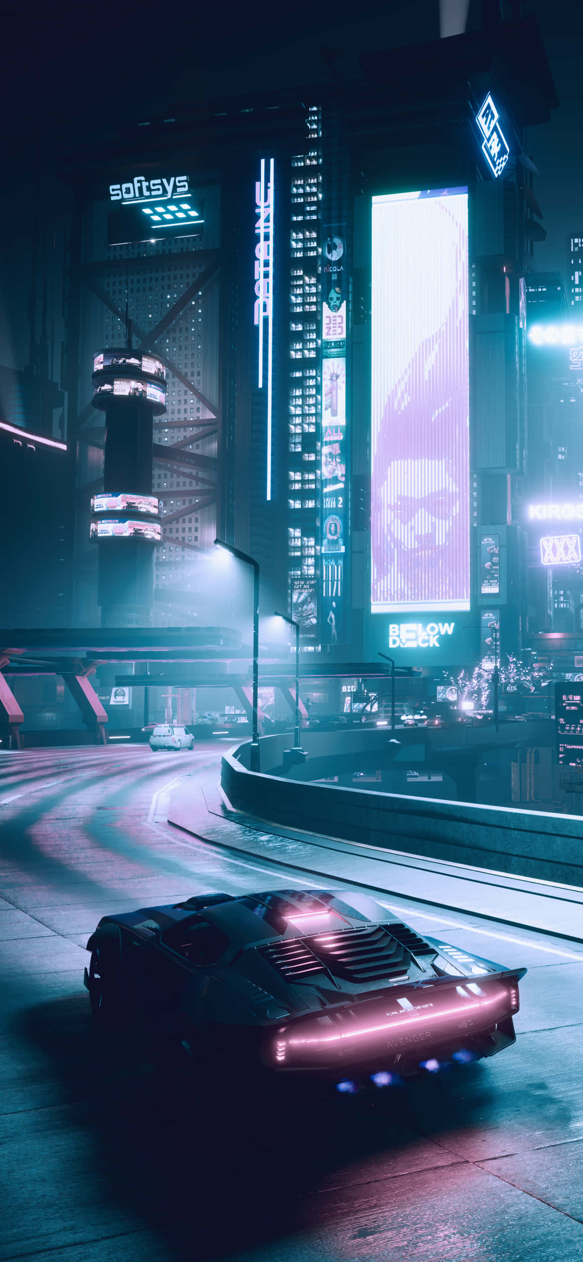 Фон для iPhone X Cyberpunk 2077 с едущей машиной Шпалери