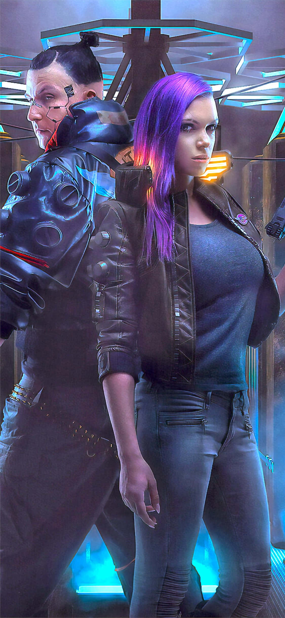 iPhone X Cyberpunk 2077 фон мужской и женский персонажи Шпалери