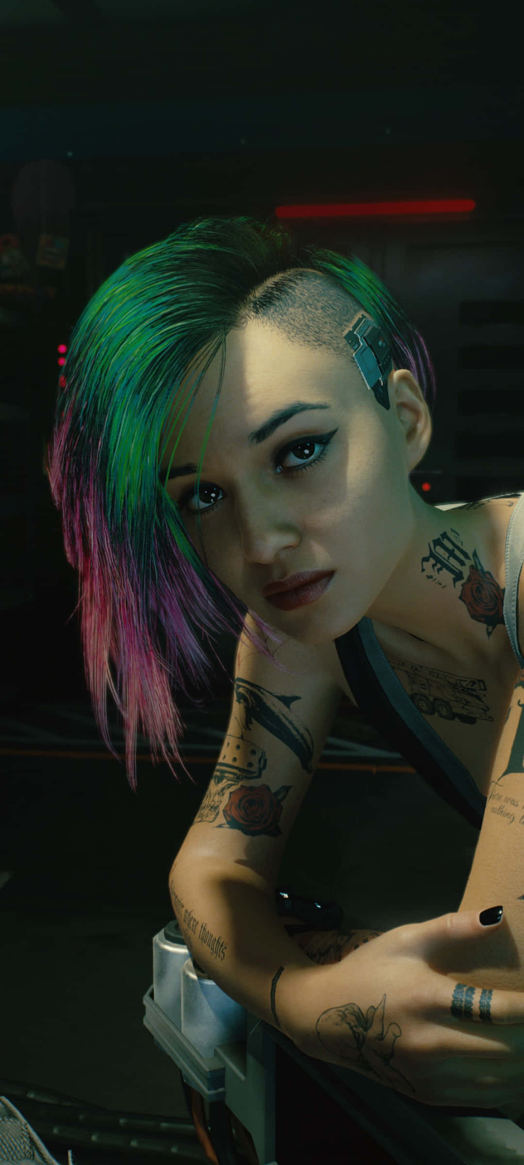 iPhone X Cyberpunk 2077 фон Джуди Альварес с зелеными и фиолетовыми волосами Шпалери