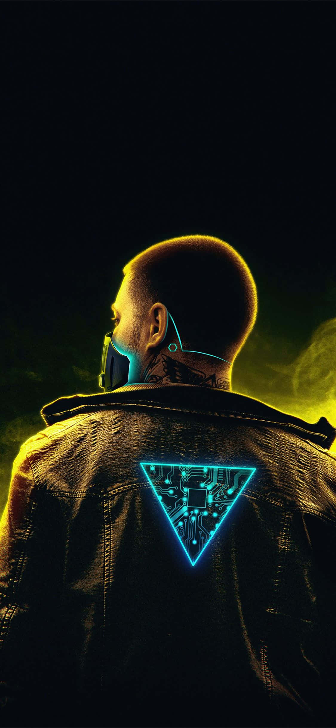 iPhone X Cyberpunk 2077 фон киборг-человек треугольный свет Шпалери