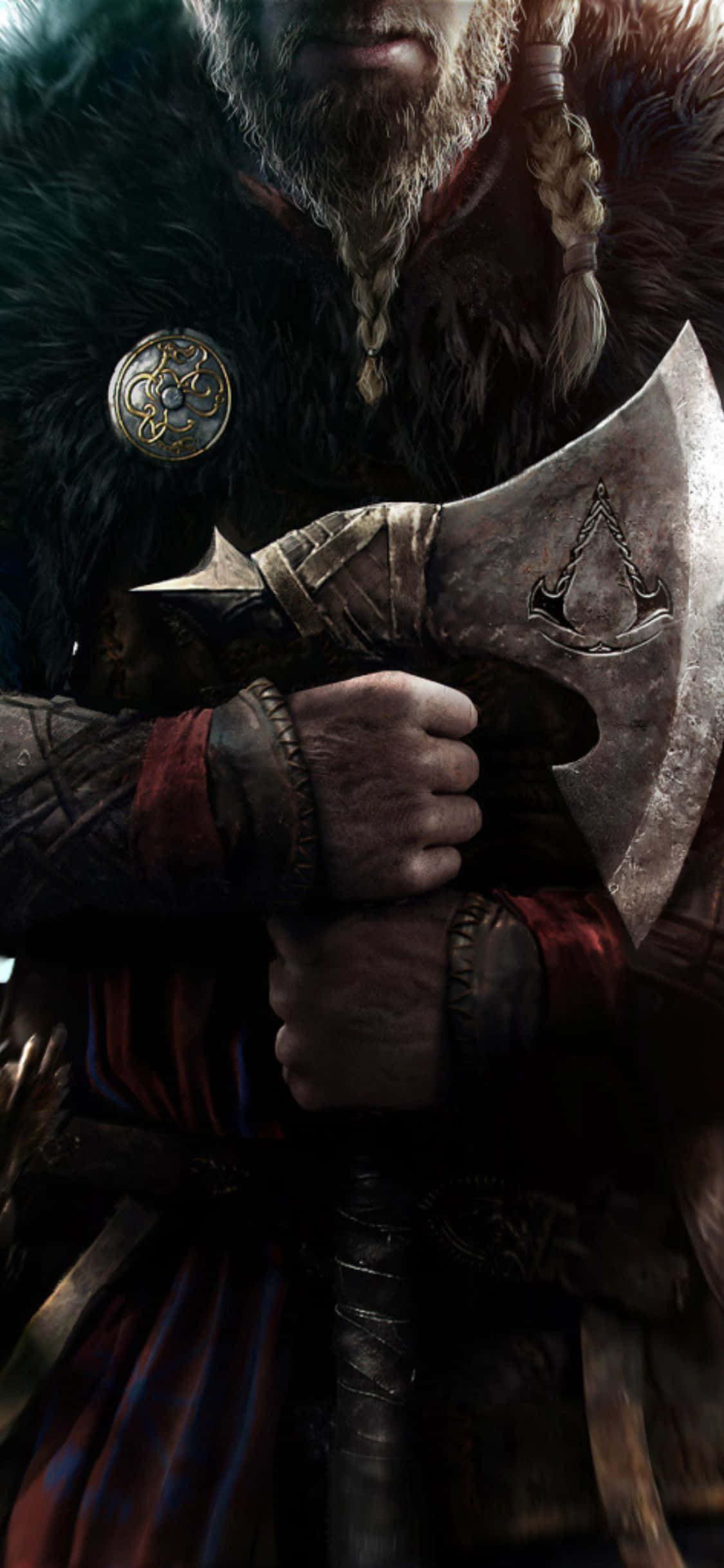 iPhone Xs Assassin's Creed Valhalla Фон Воин Викинг С Топором Шпалери