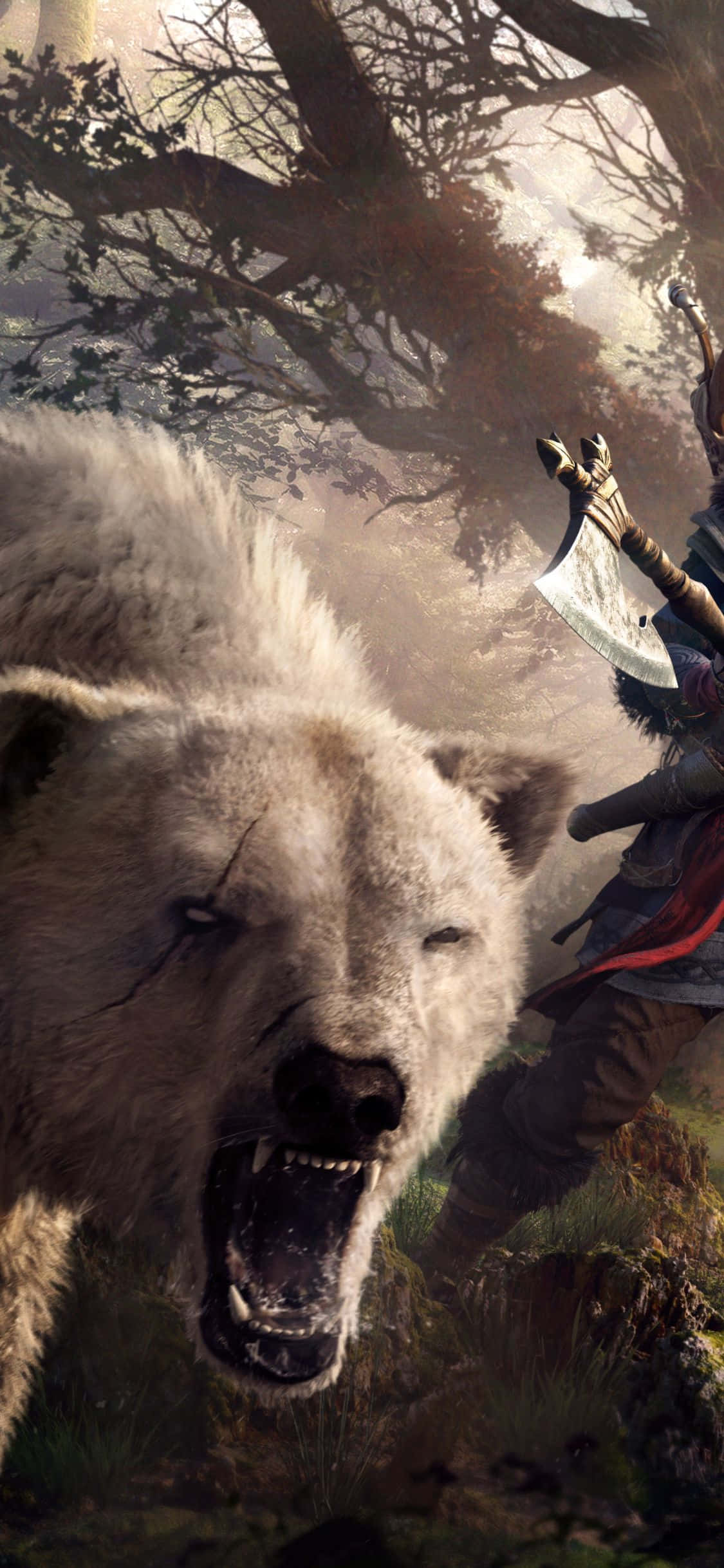 iPhone Xs Assassin's Creed Valhalla Фон Рычащий Белый Медведь Шпалери
