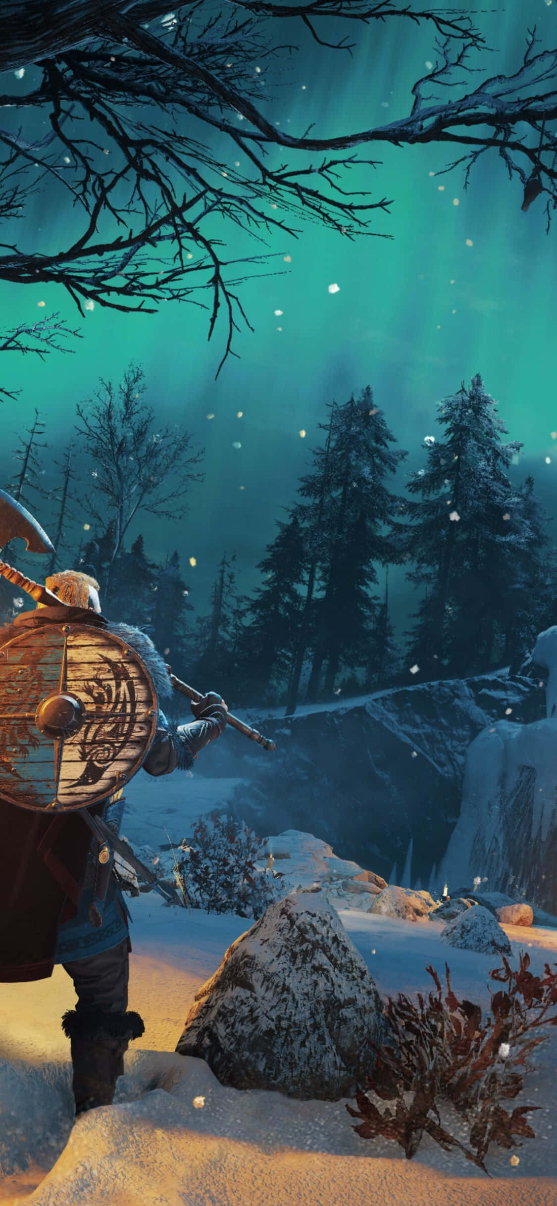 Фон iPhone Xs Assassin's Creed Valhalla: викинг-воин в снегу Шпалери