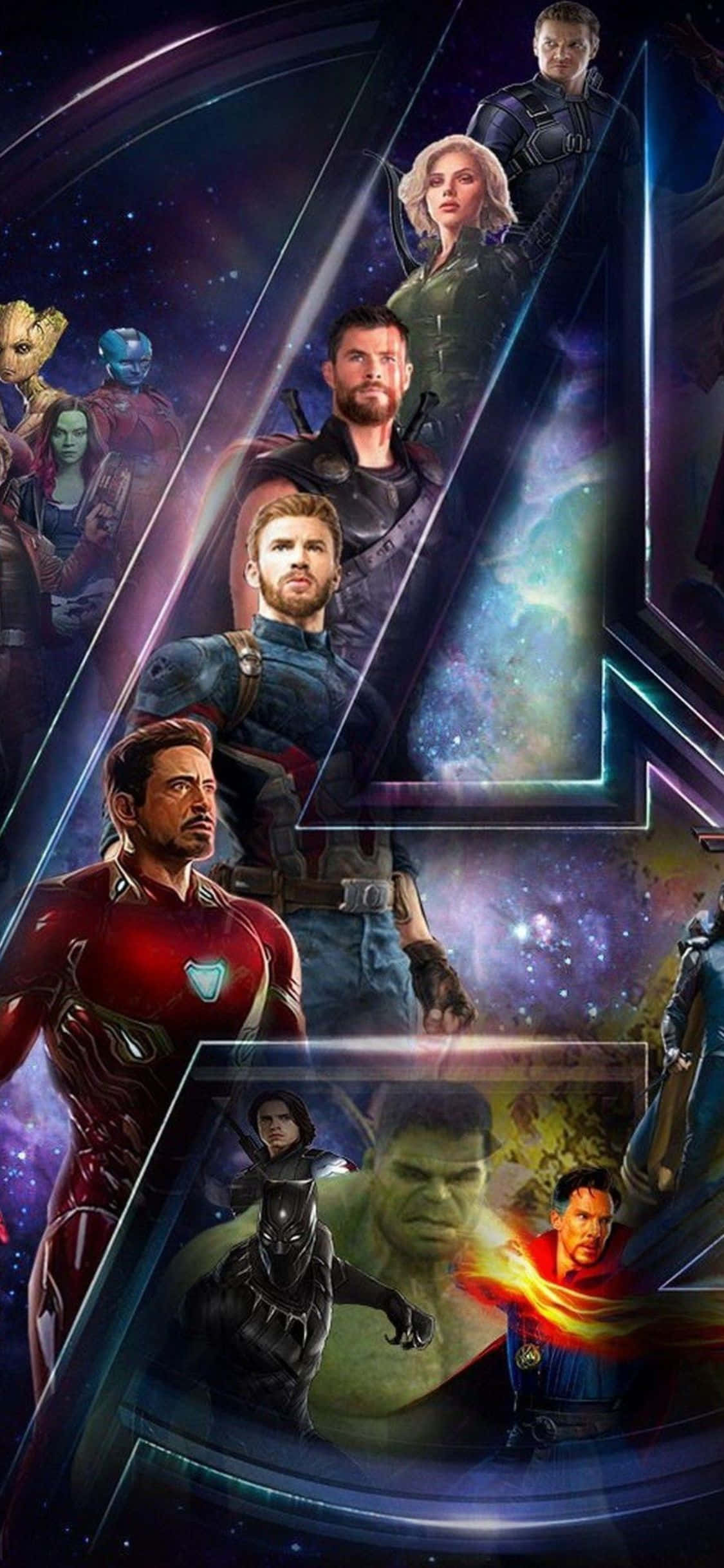 Фон для iPhone XS с логотипом Мстителей и героями Marvel Шпалери