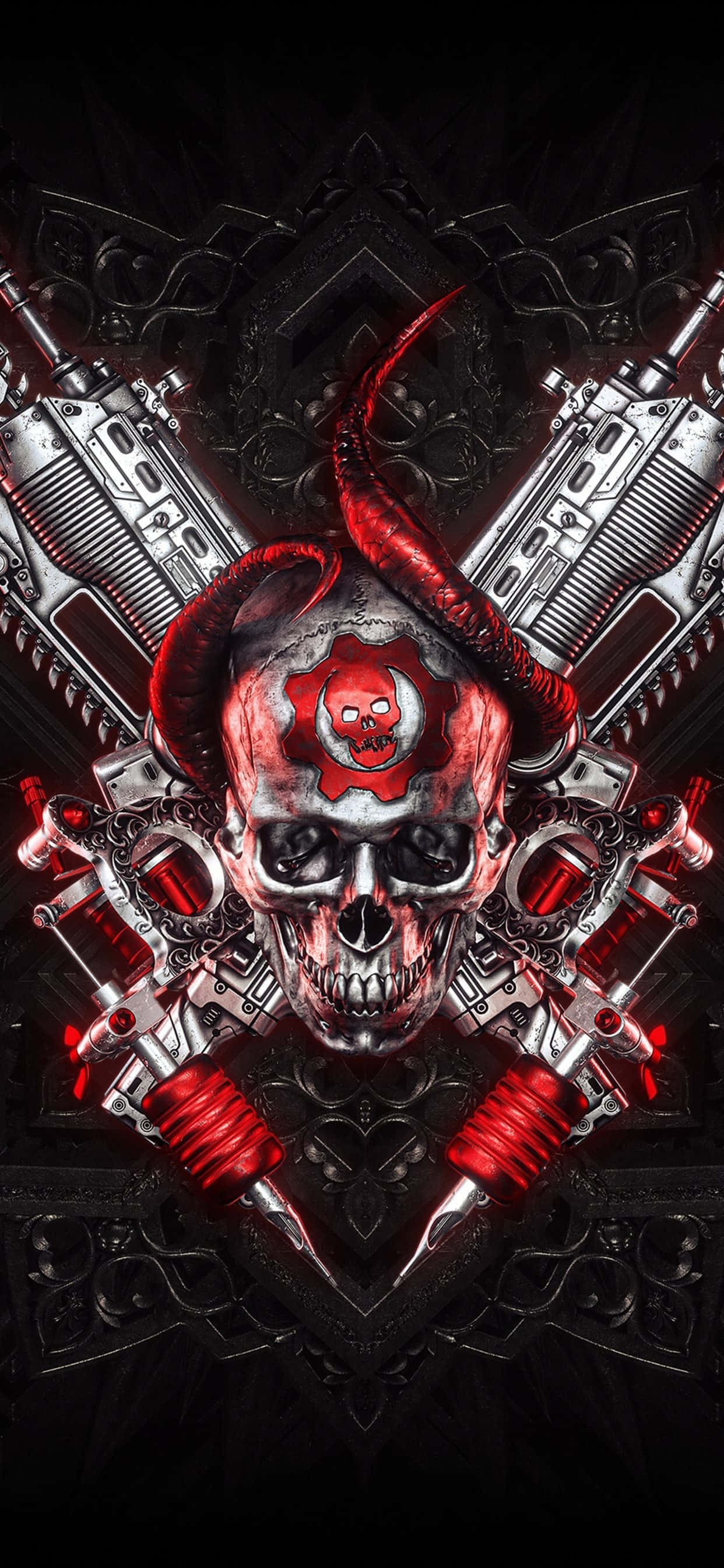 iPhone XS Max Gears Of War 5 красный и серебряный фон Шпалери