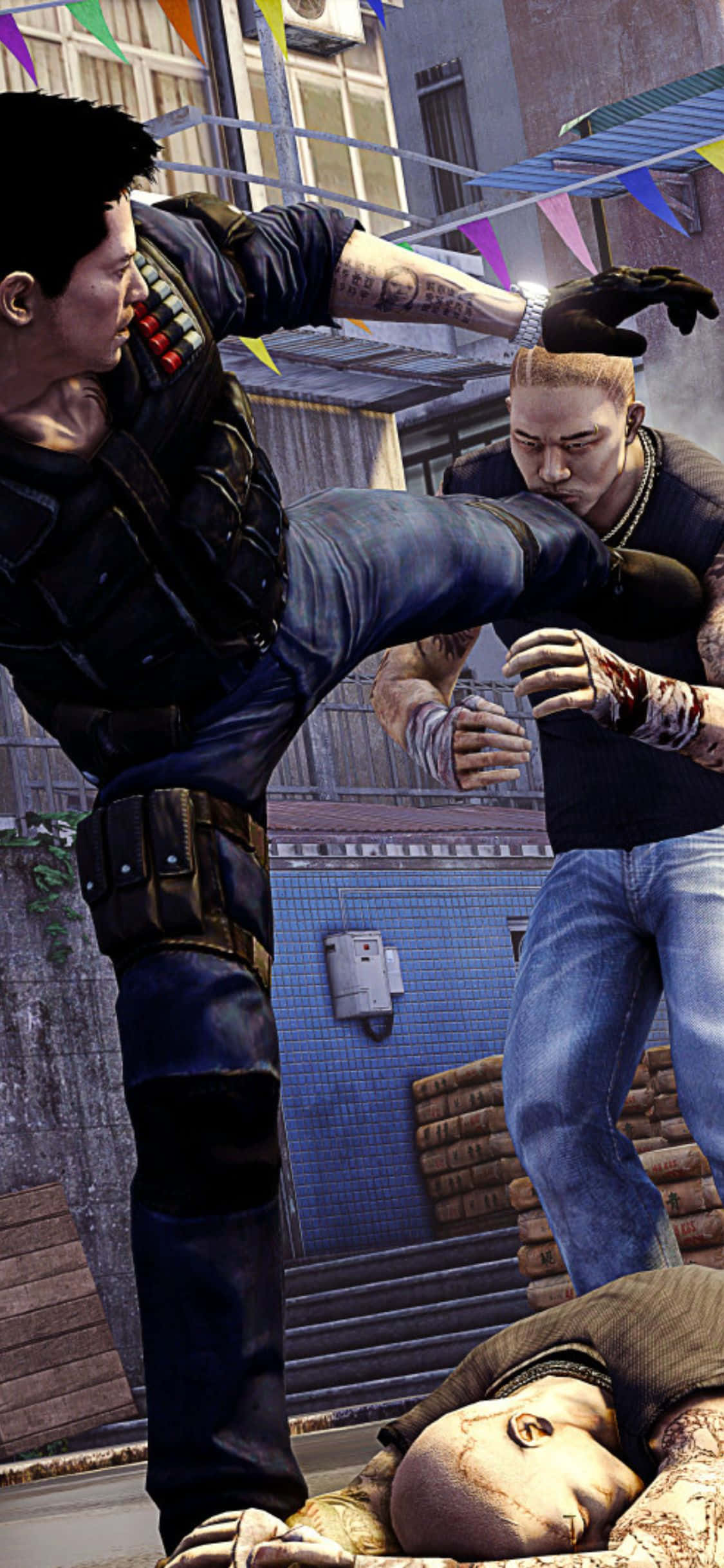 iPhone Xs Sleeping Dogs удар ногой по врагу фон Шпалери