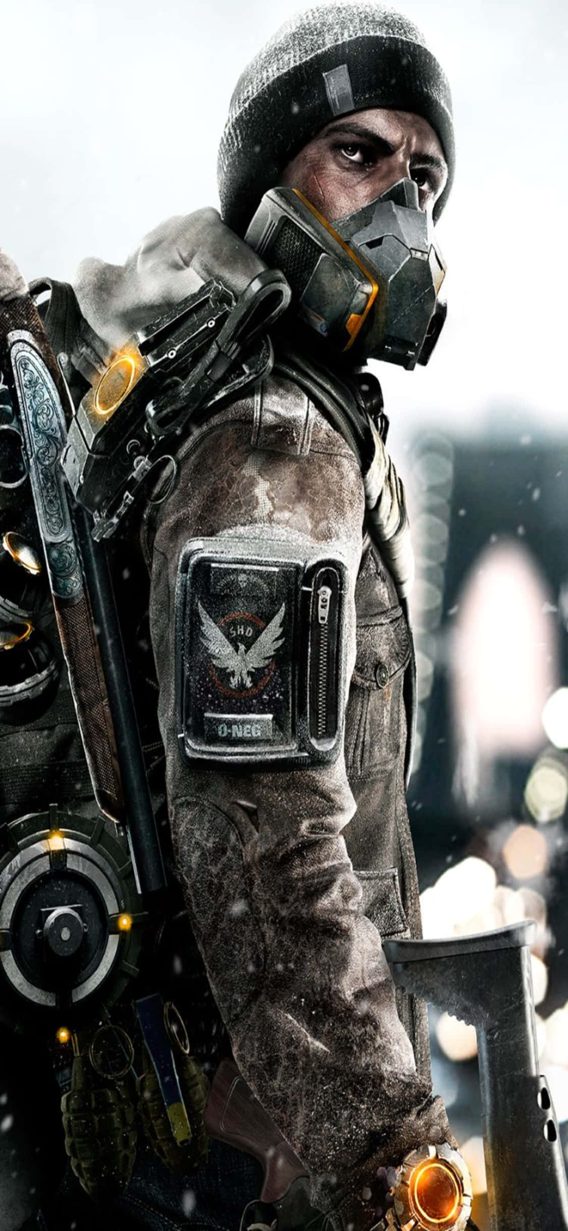 iPhone Xs The Division Фон — человек в противогазе на снегу Шпалери