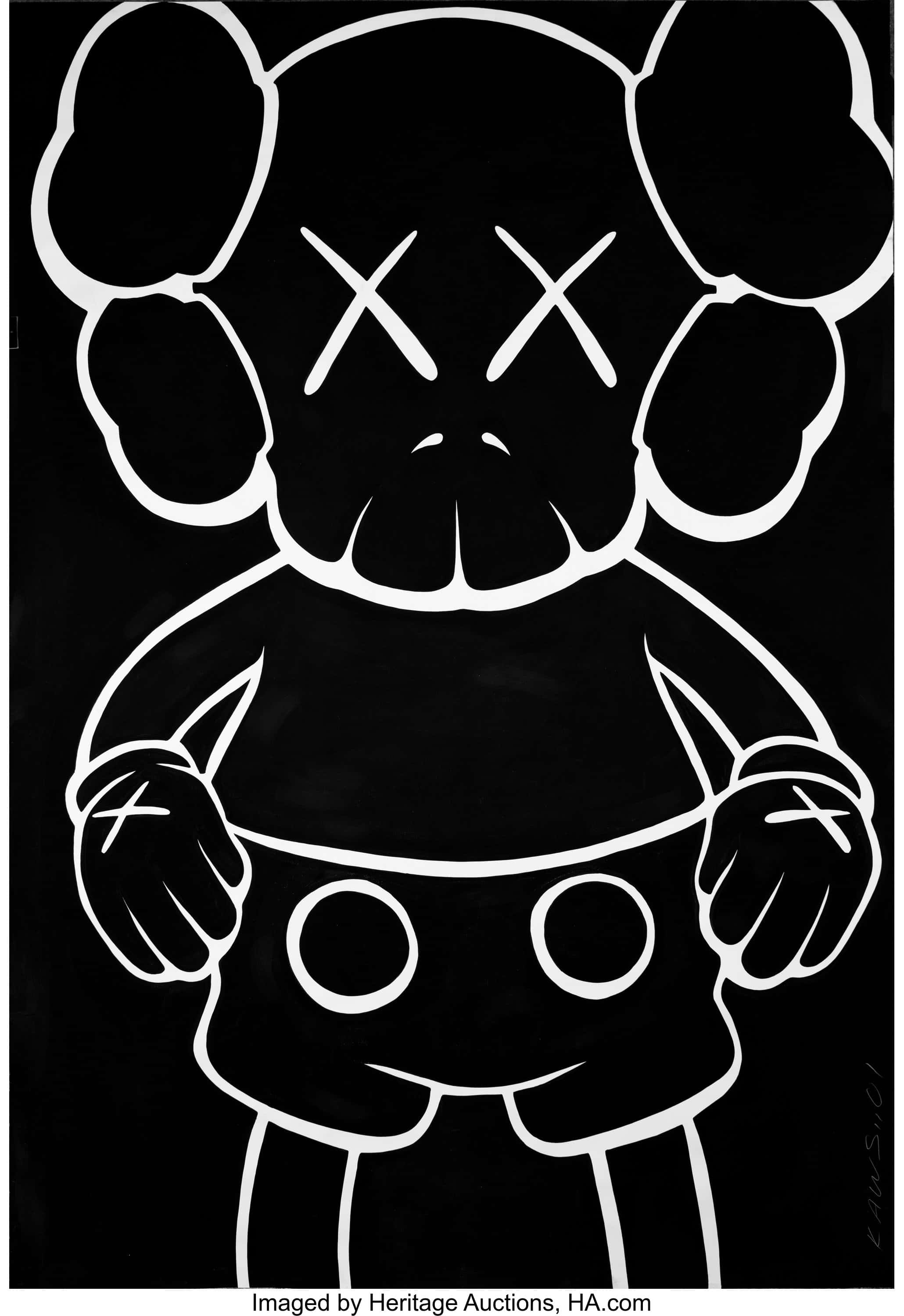 Культовый персонаж KAWS Companion, смотрящий вверх на фоне голубого неба Шпалери