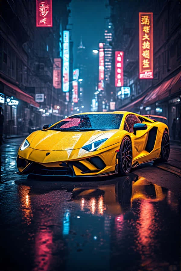 Неоновий жовтий Lamborghini вночі футуристичні 4K міські вогні портретні шпалери