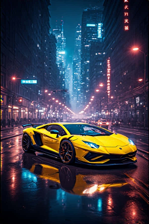 Неоновий жовтий Lamborghini вночі футуристичні 4K міські вогні портретні шпалери