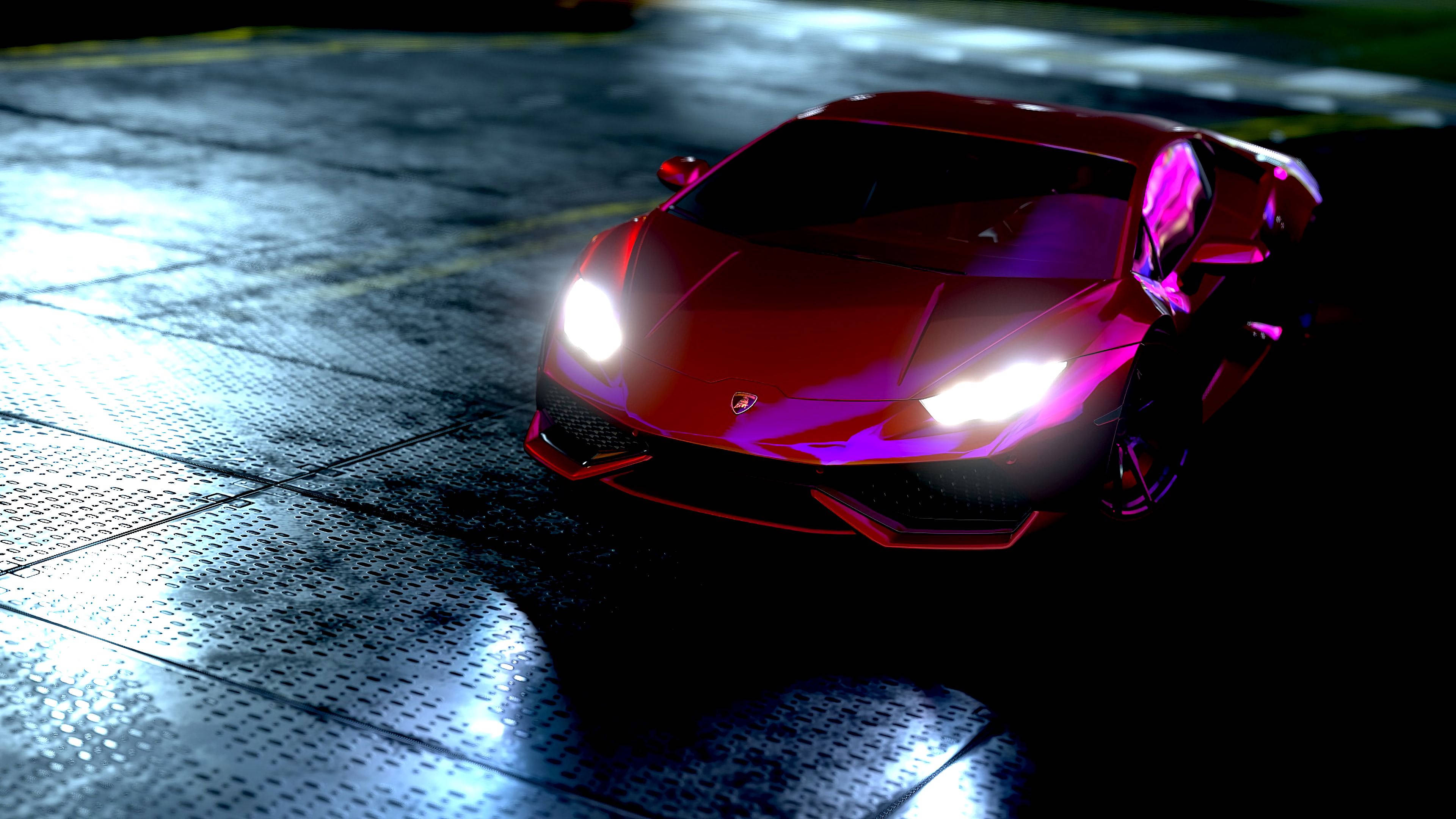 Яскраве світло, велике місто: червоний Lamborghini Huracan із неоновим сяйвом Шпалери