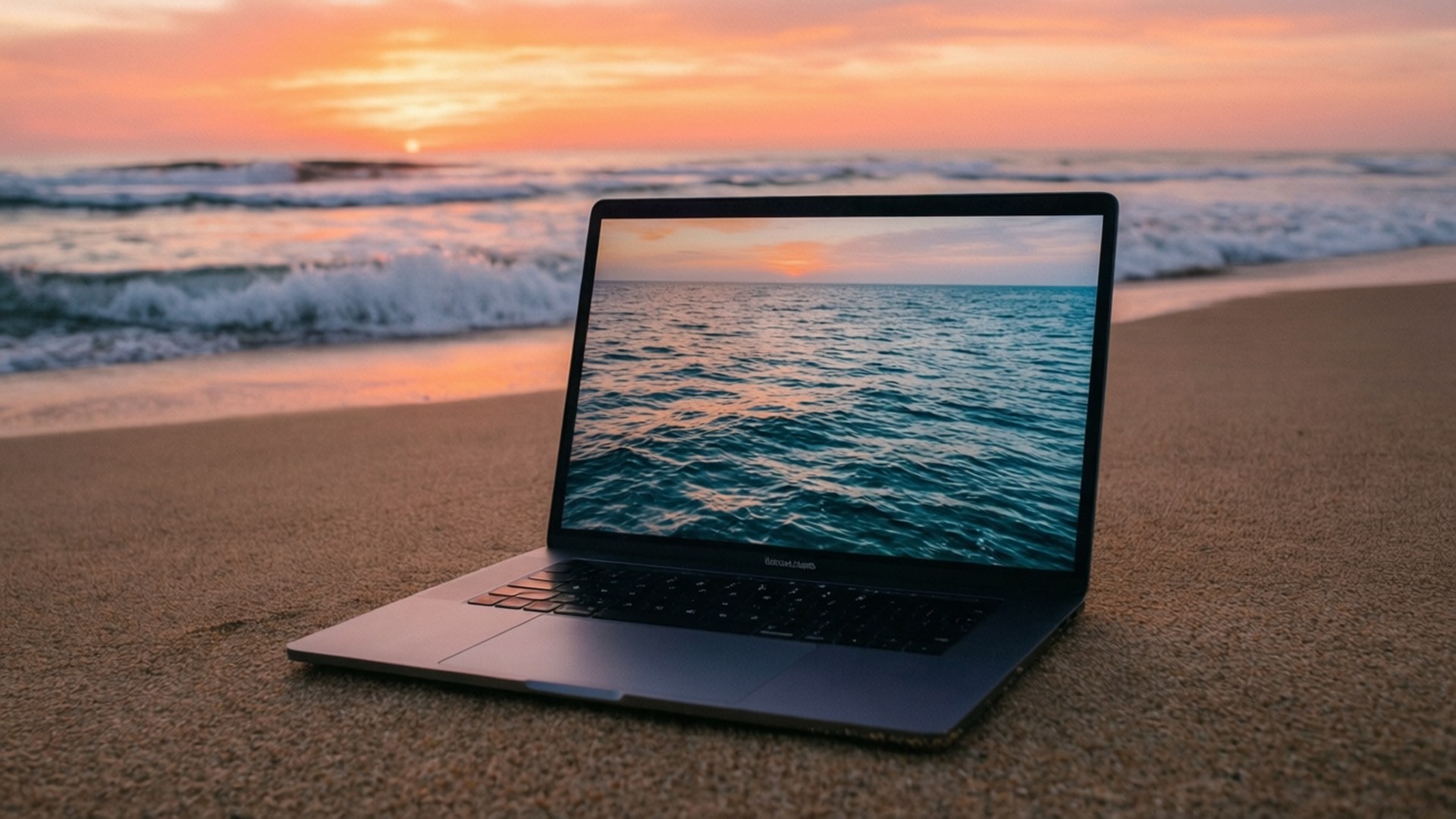 MacBook на пляже на рассвете Шпалери