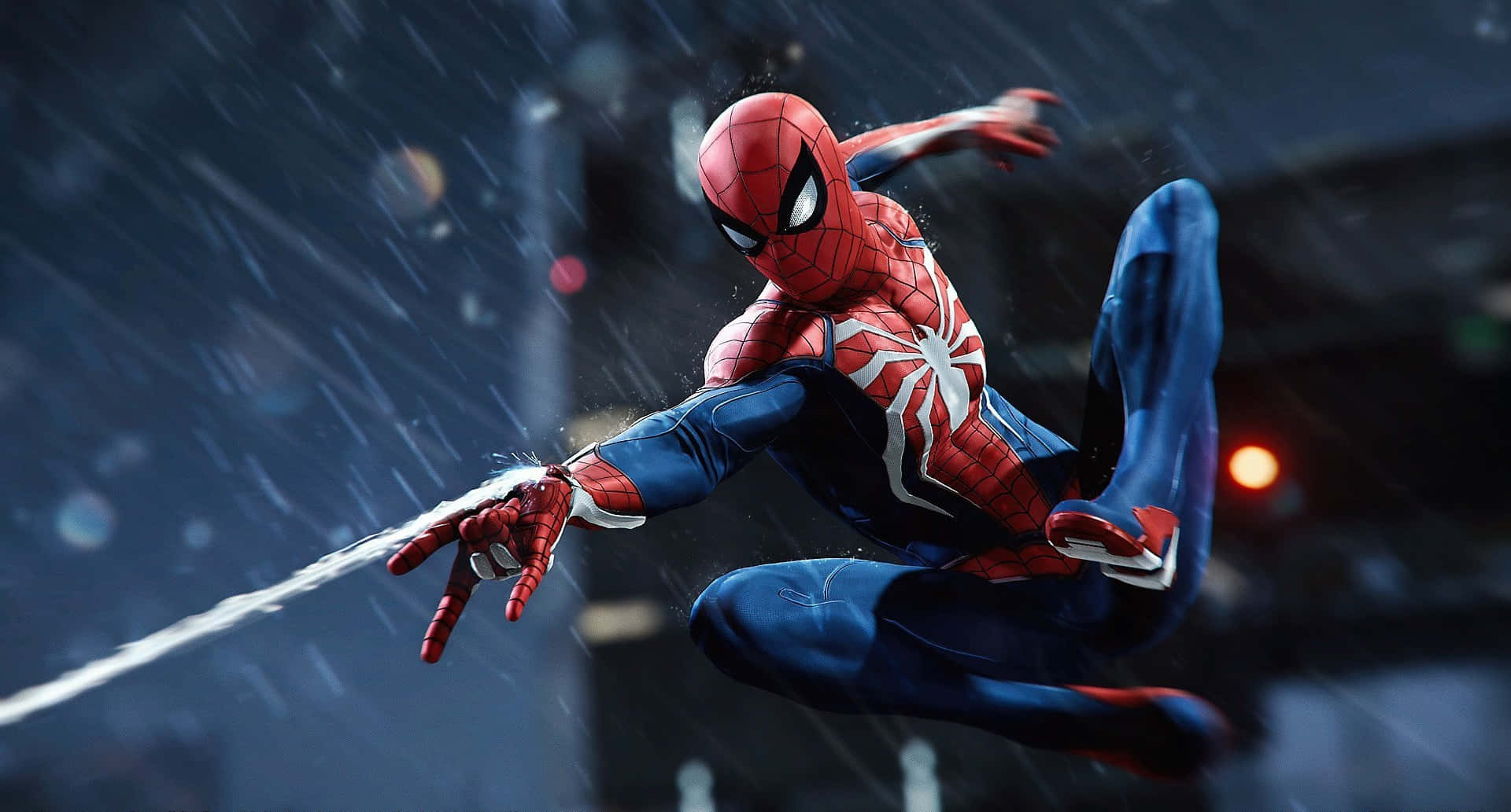Людина-павук стріляє павутиною під дощем у Marvel PS4 Шпалери