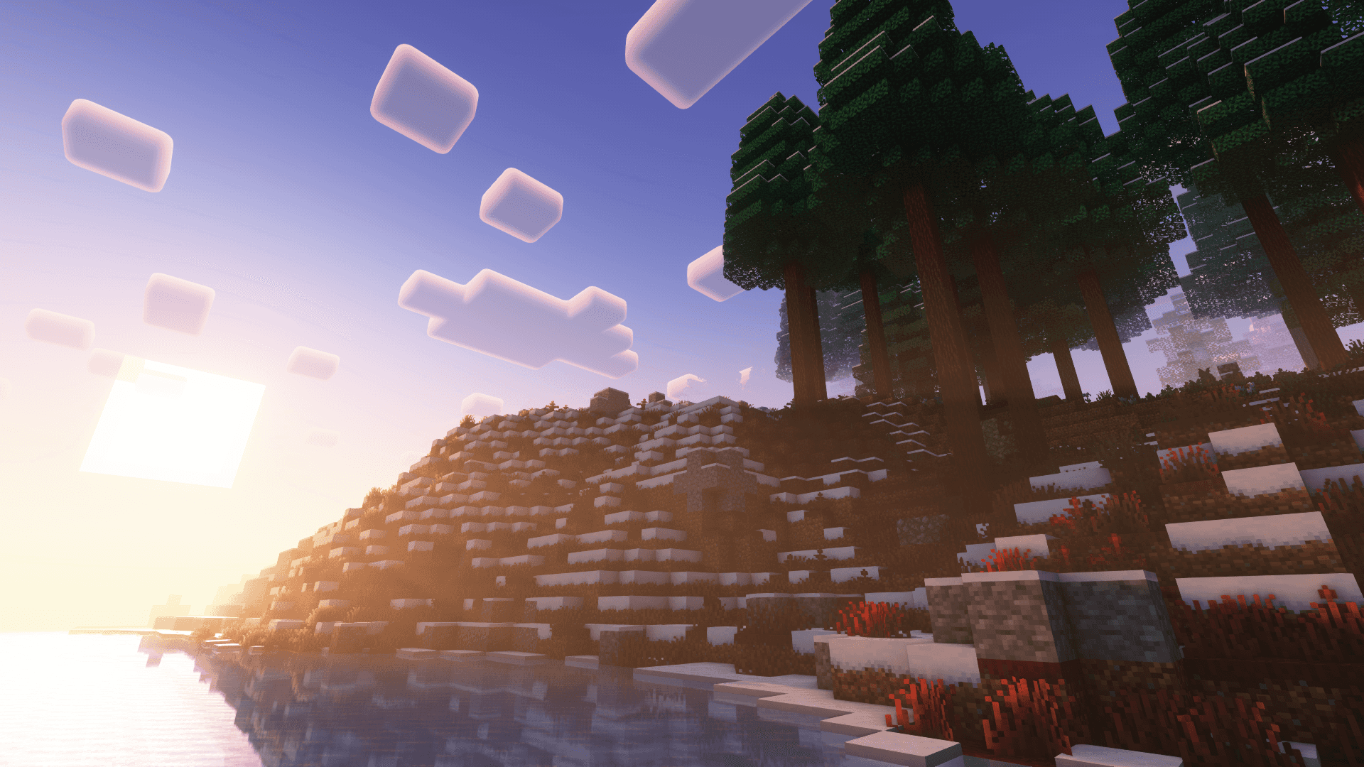 Зимовий захід сонця в Minecraft біля гаю Шпалери