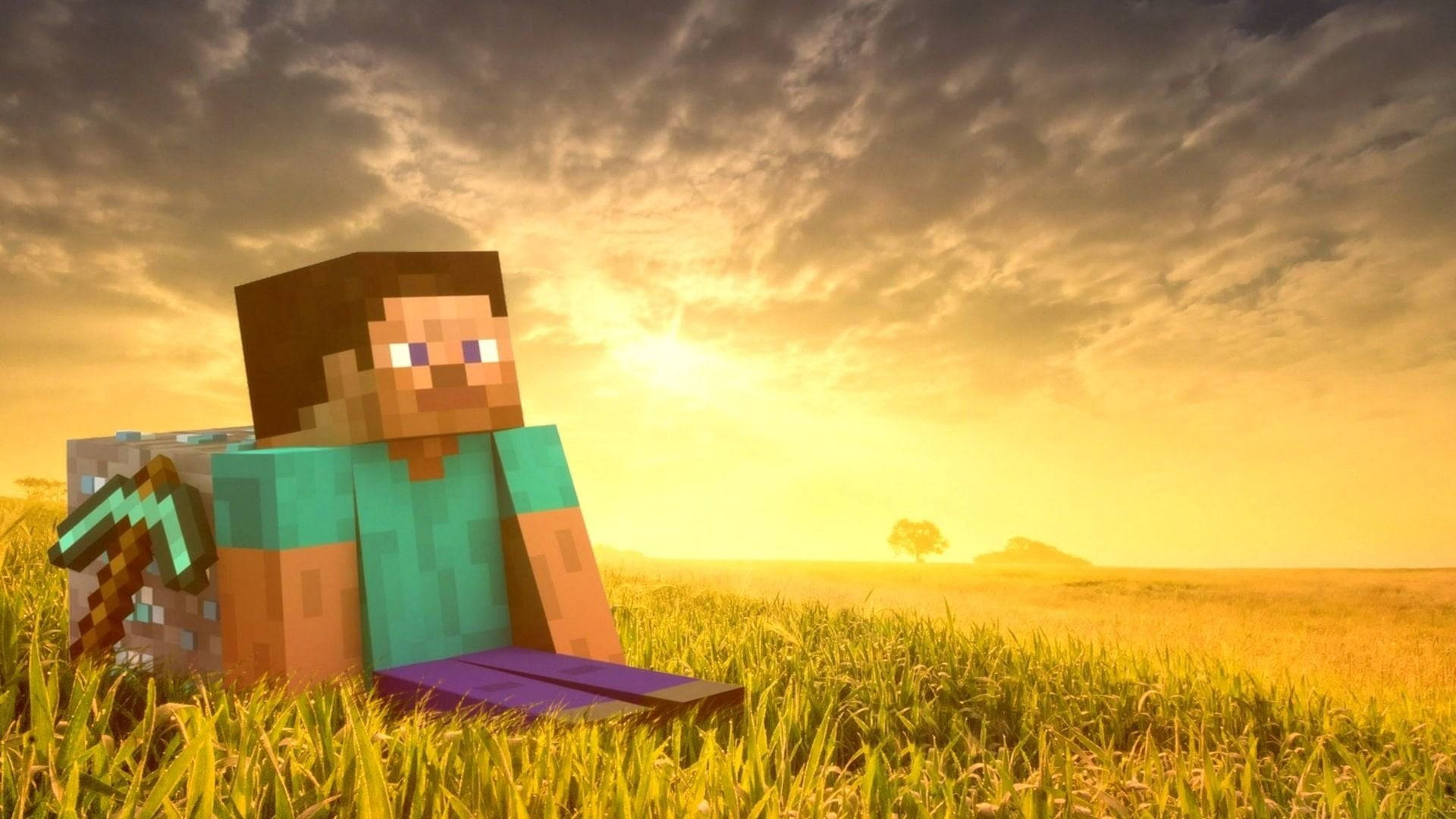 Стів спостерігає за заходом сонця в краєвиді Minecraft Шпалери