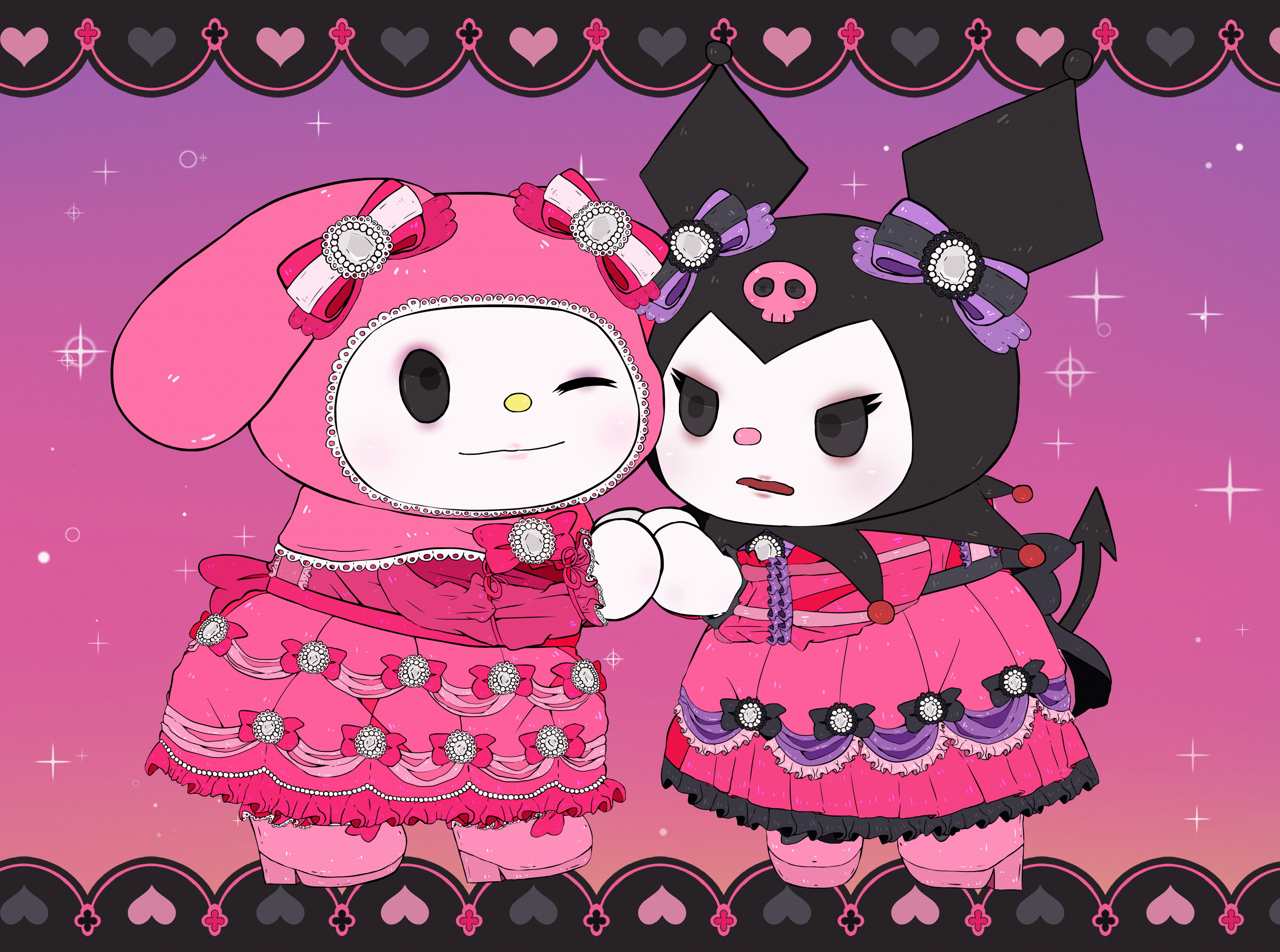 Чарівні My Melody та Kuromi у рожевих сукнях Шпалери