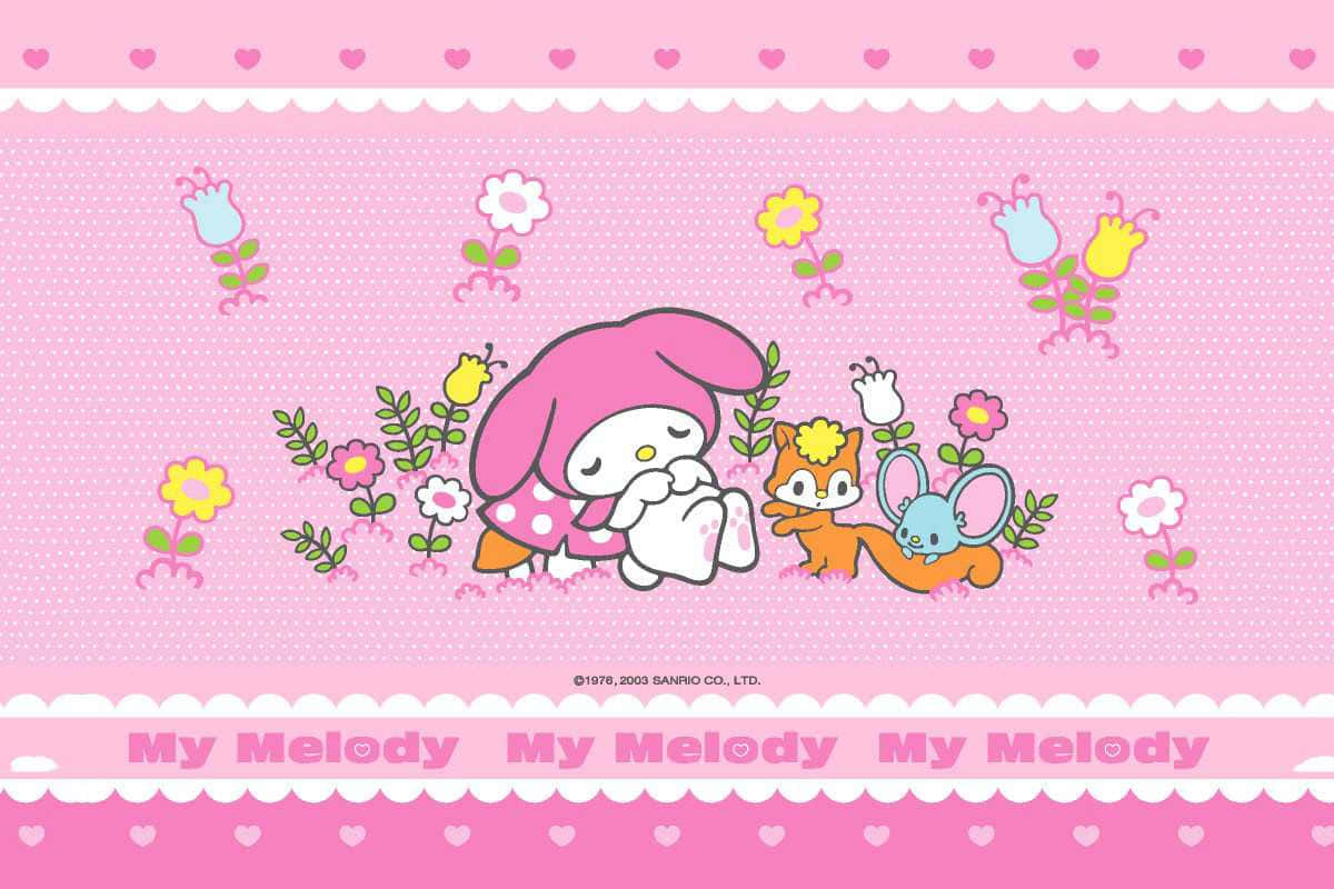 Спляча My Melody на робочому столі з квітами Шпалери