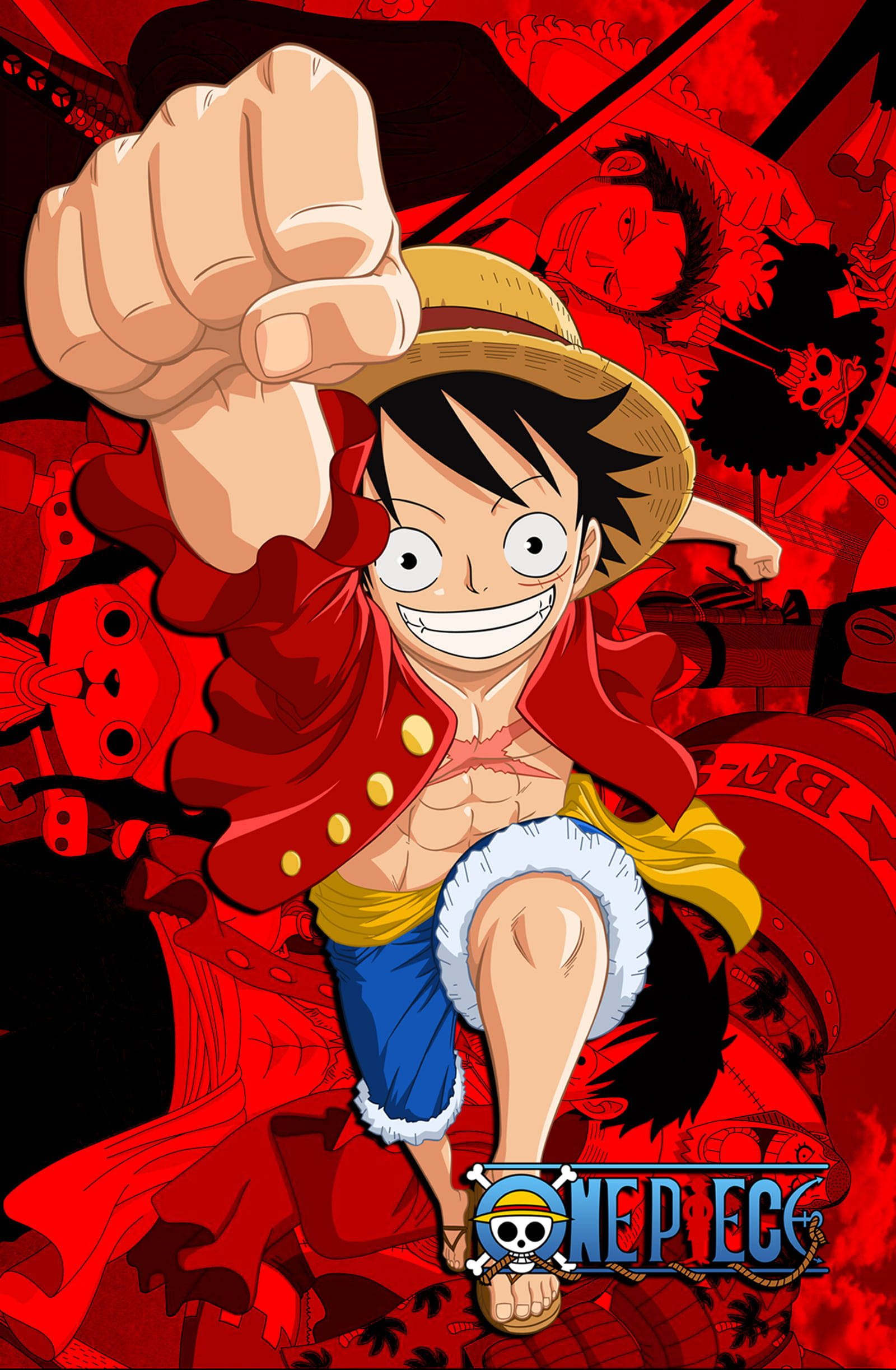 One Piece Люффи PFP красный постер с пиратами Шпалери