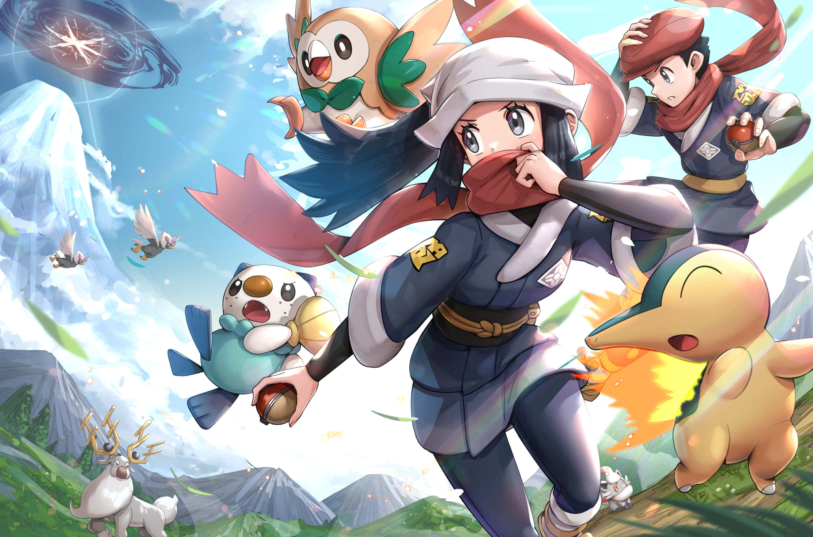 Pokémon Legends Arceus персонажі з літаючим Бравіарі Шпалери