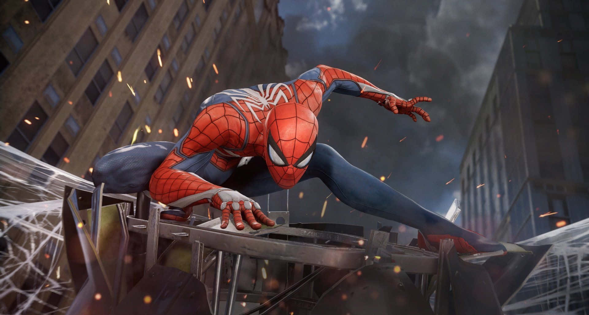 Марвел PS4 Спайдермен позує на уламках Шпалери
