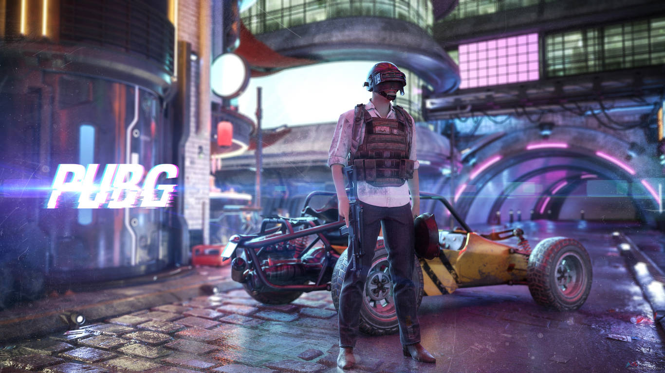 Віктор у неоновому місті PUBG 1366x768 Шпалери